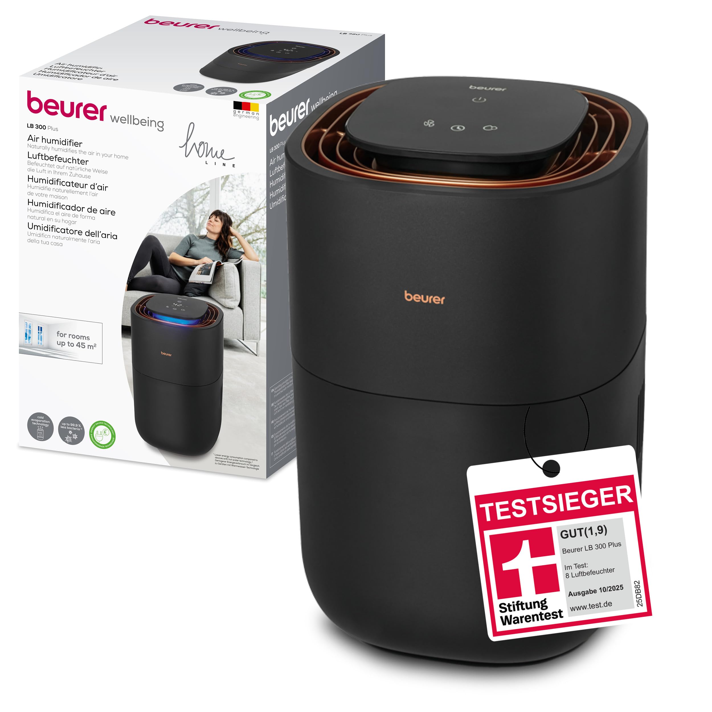 Beurer LB 300 Plus Luftbefeuchter mit energieeffizienter Kaltverdunstungstechnologie, farbiger Luftfeuchtigkeitsindikator, Filtertrocknungsfunktion, Räume bis ca. 45m², Testsieger Stiftung Warentest Für Räume bis ca. 45m² Angebot bei HelloDeals