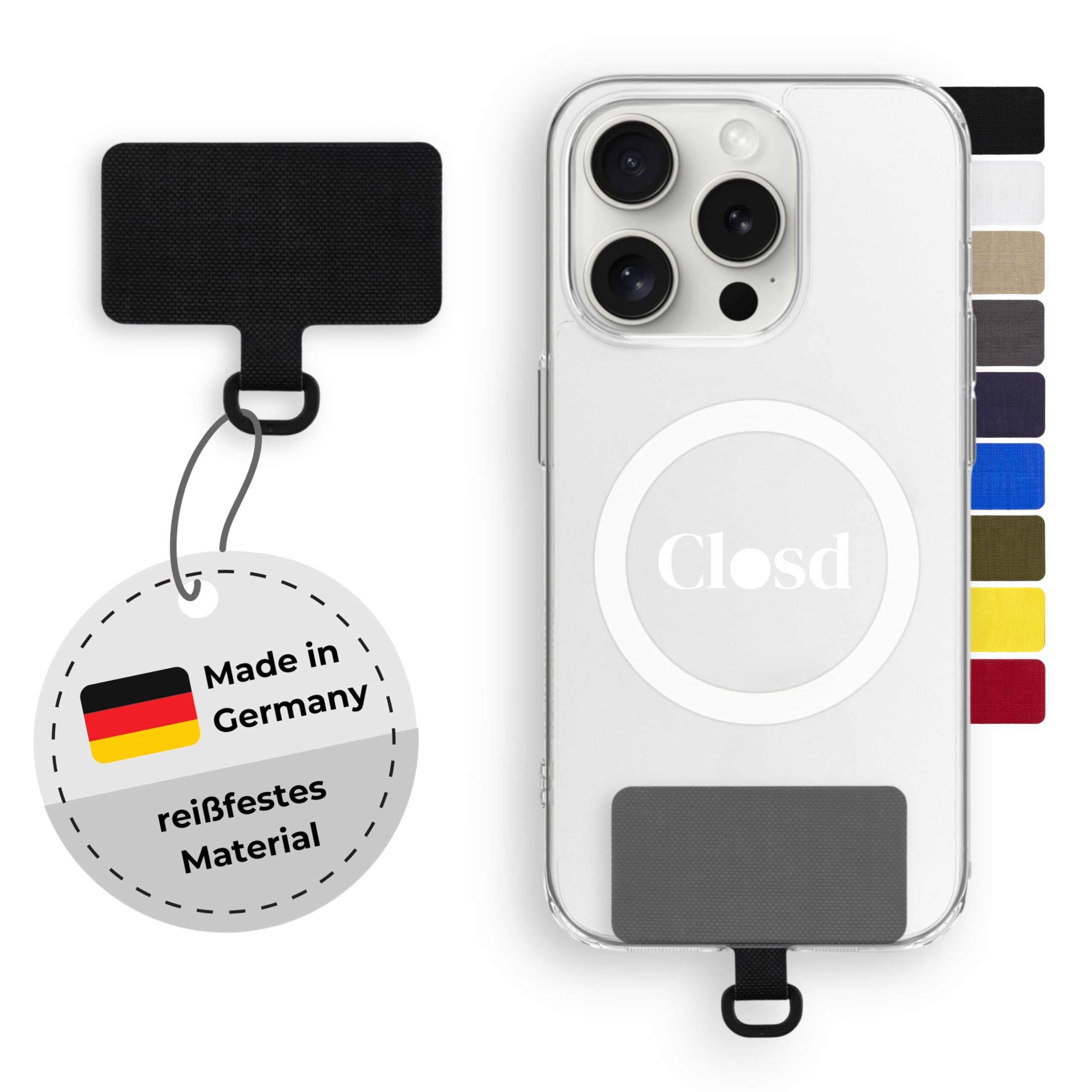 Closd Halterung für Handyketten, extrem reißfest, absolut sicher, schwarz, universal für jede Handyhülle, Made in Germany, sehr dünn nur 0,75 mm Absolut Schwarz 1 Angebot bei HelloDeals