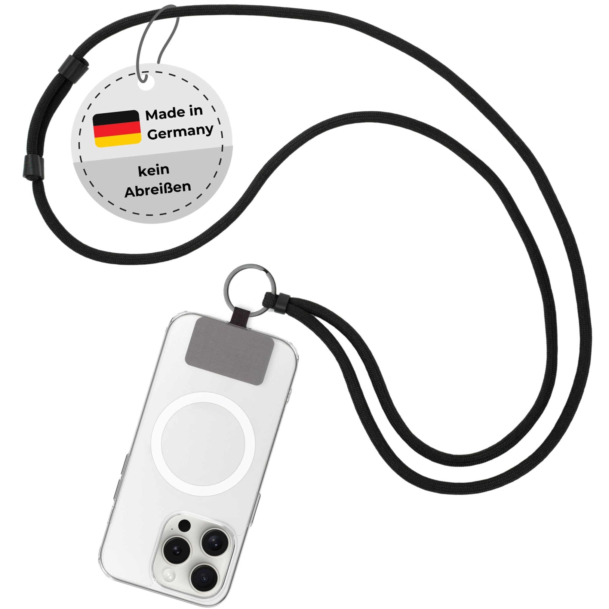 Closd Handykette, Handykordel, reißfest, absolut sicher, mit Schlüsselring, universal für jede Handyhülle, Made in Germany Schwarz 1 Angebot bei HelloDeals