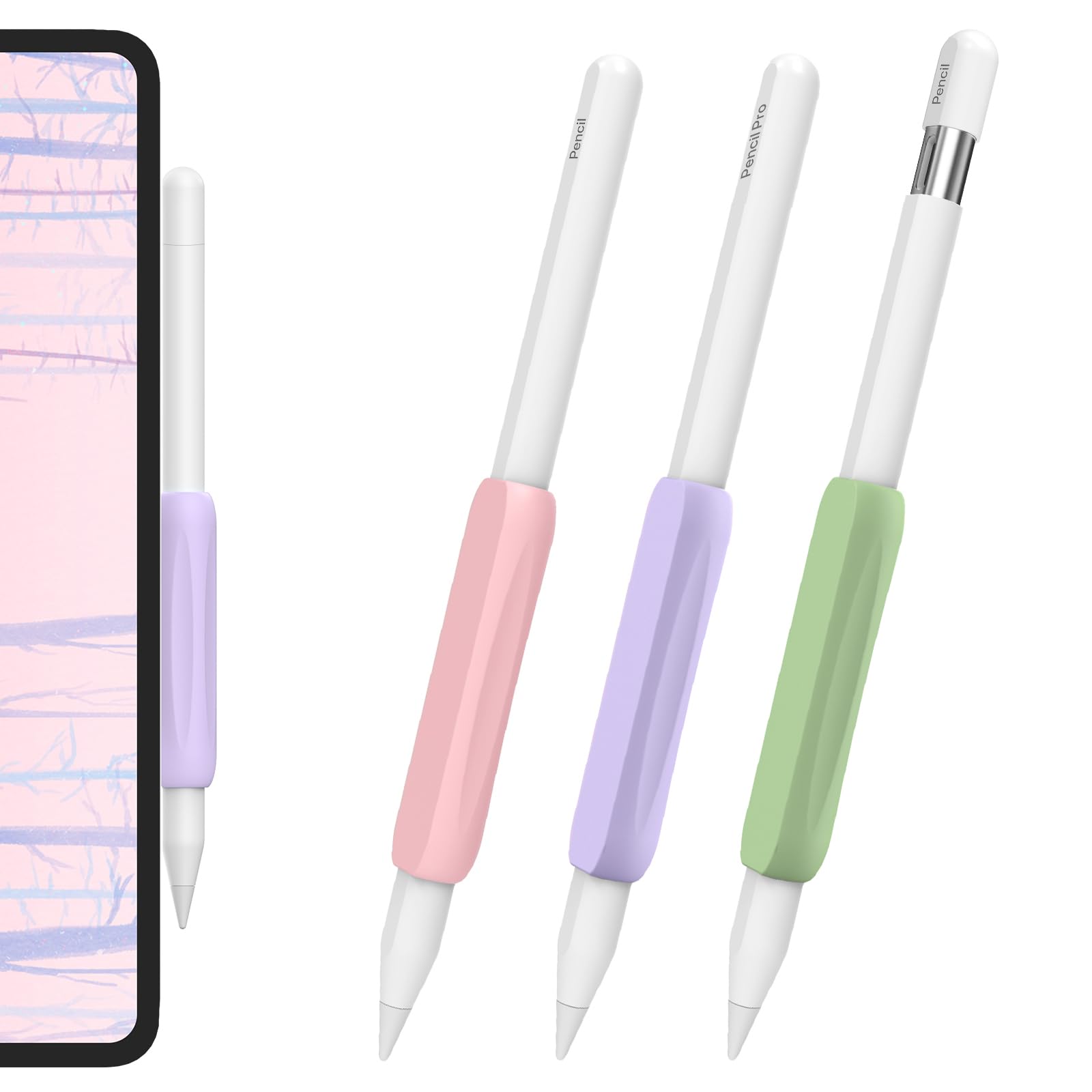 AHASTYLE 3 Stück Apple Pencil Griff - Ergonomischer Silikon Halter Hülle Zubehör Kompatibel Mit Pencil Pro, 2. Generation und USB-C (Rosa+Lila+Grün) Rosa+Lila+Avocadogrün Angebot bei HelloDeals