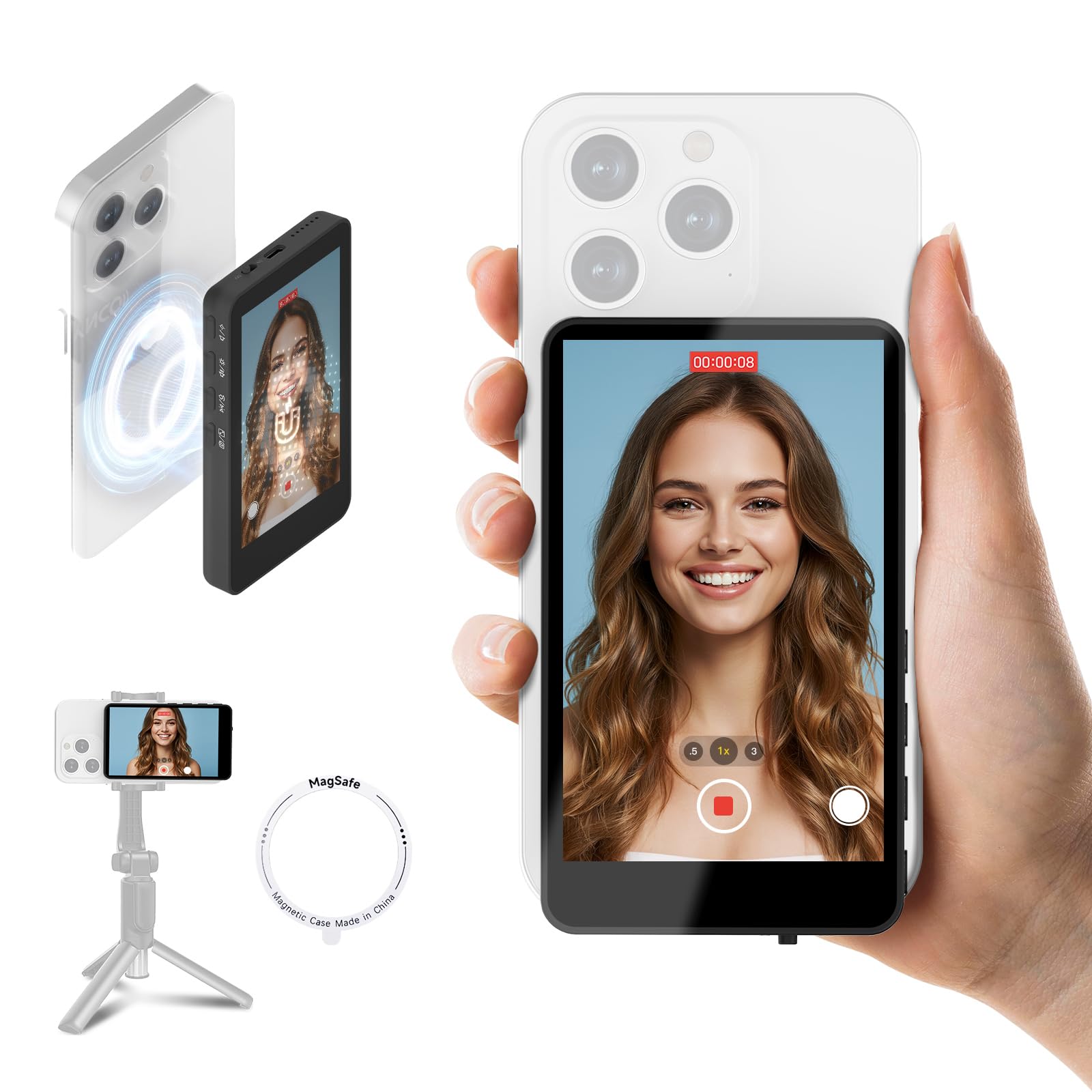SYNCO XView Handy Selfie Monitor, Magnetischer Smartphone Vlog Bildschirm für iPhone & Android Rückkamera Kabellos 50M 3H Akku, mit Lautsprecher für TikTok YouTube Livestream (Schwarz) Angebot bei HelloDeals