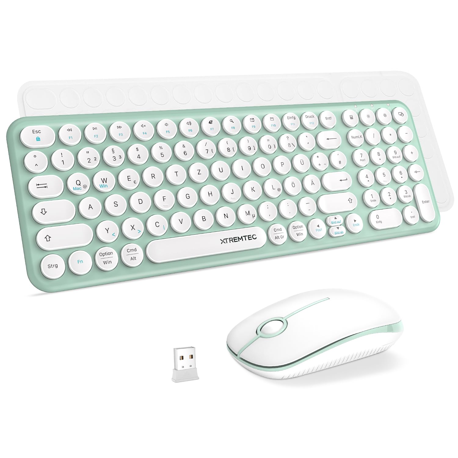 XTREMTEC kabellose Tastatur und Maus,Retro runde Schreibmaschine Tastatur,Slim Funktastatur leise Set,USB 2.4GHz Verbindung,kompakte Tastatur für Laptop,iMac,Windows,PC(Grün-weis)-Deutsche Tastatur Angebot bei HelloDeals