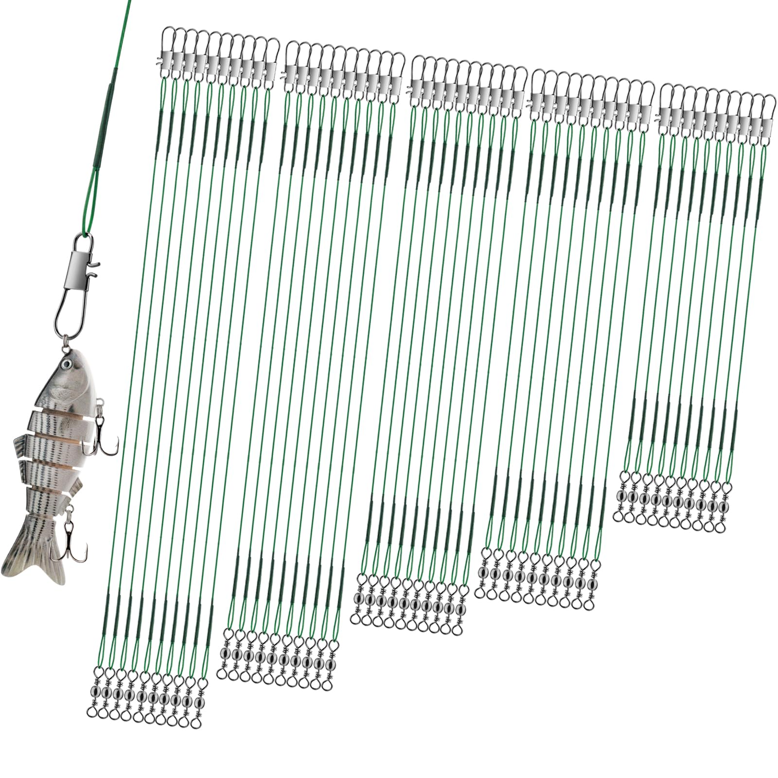 Realure 50 Stücke Stahlvorfach Hecht Angeln Set mit Wirbel & Snaps, 5größen Edelstahl Fischen Angelzubehör Raubfisch, Vorfach Angeln Vorfächer zum Spinnangeln, Vorfachschnur Für Salzwasser Süßwasser Green Angebot bei HelloDeals