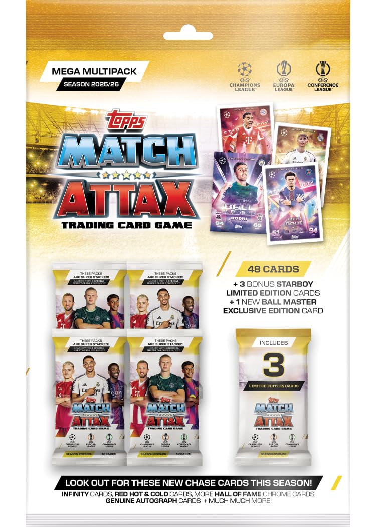 Topps UCC Match Attax 2025/26 - Mega Multipack - enthält 48 Match Attax Karten plus 3 zufällige Star Boy LE's und eine zufällige Ball Master LE-Karte Angebot bei HelloDeals
