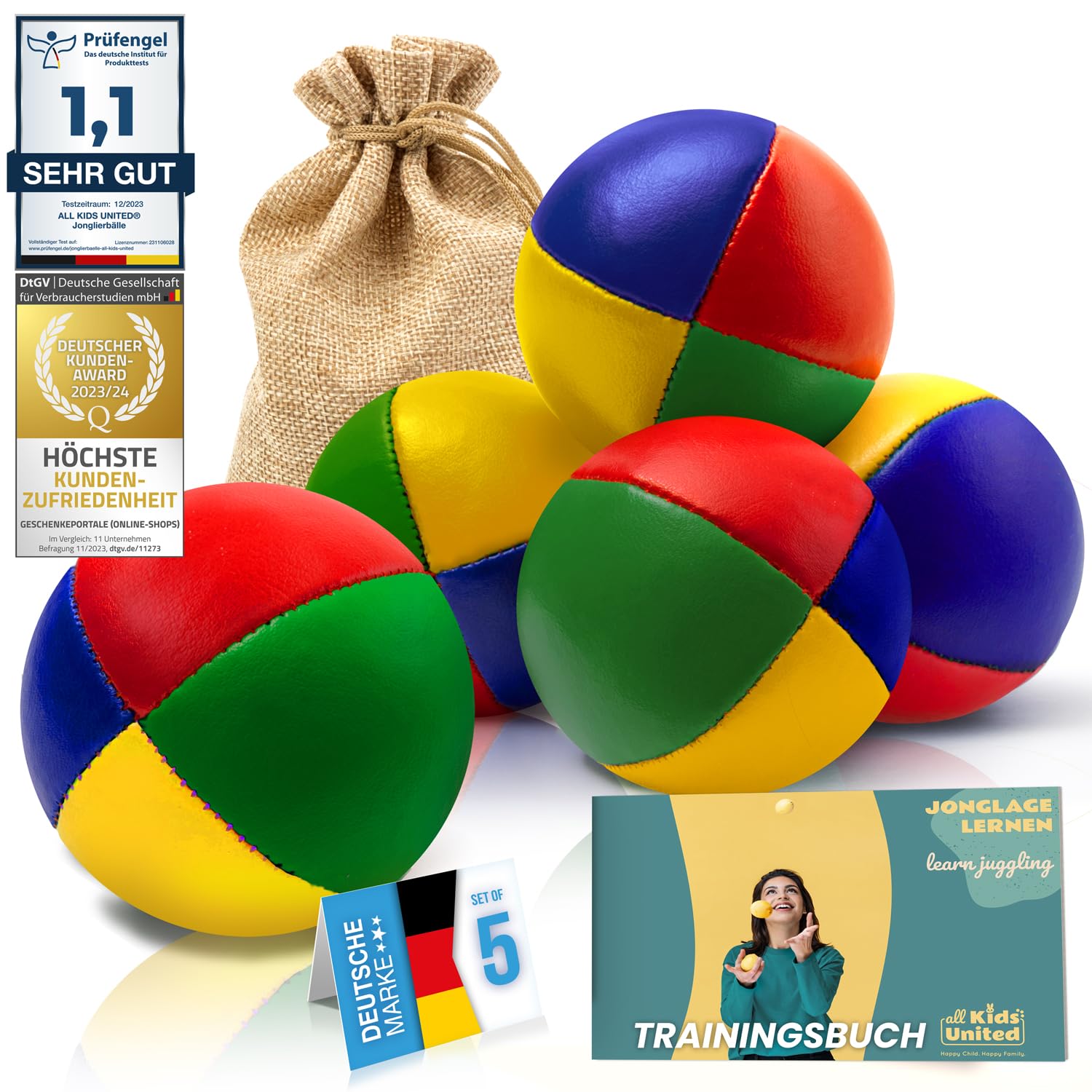 all Kids United® Jonglierbälle im 5er Set; Professionelles Jonglierball-Set im Jute-Beutel; Weiche Juggling Balls für Anfänger & Fortgeschrittene mit Gratis E-Book zum Trainieren Angebot bei HelloDeals