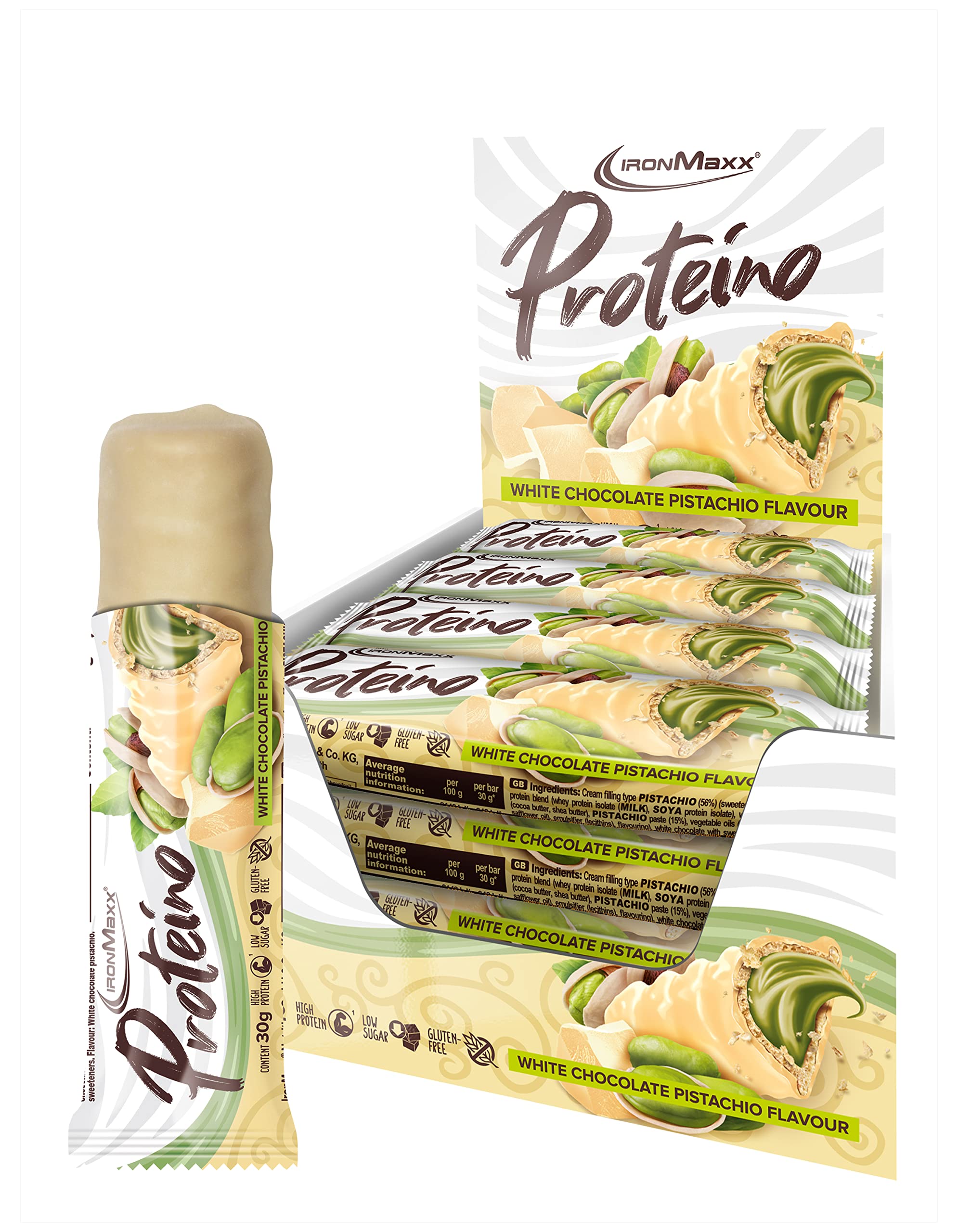 IronMaxx Proteino Proteinriegel 12x30g - White Chocolate Pistachio | High Protein Bar mit cremiger Füllung auf Waffelbasis | Zuckerreduziert glutenfrei palmölfrei Fitness Snack Angebot bei HelloDeals