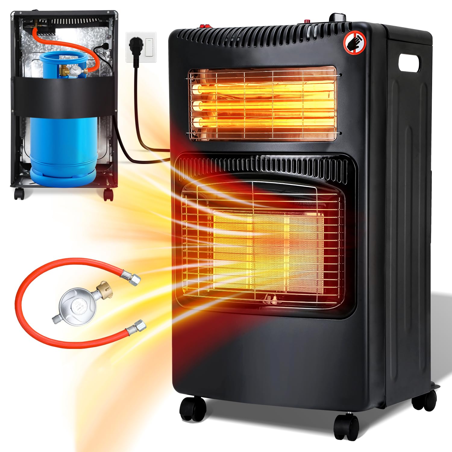 Eulenke Gasheizung für Innenräume, 4200w Keramik Gasheizer + 1260w Infrarot Heizstrahler inkl. Gasdruckregler & Gasschlauch, 3 Heizstufen Gasofen, Butan- oder Propangasflaschen bis 15kg Angebot bei HelloDeals