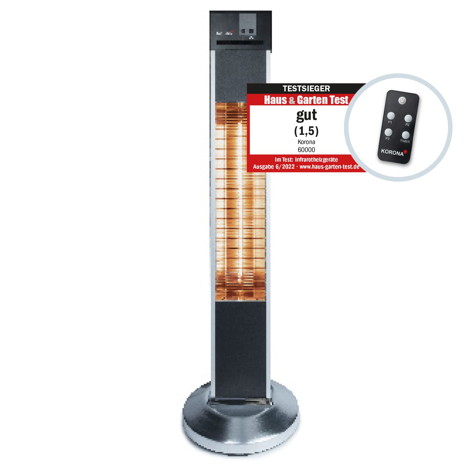 Korona 60000 Standheizstrahler Outdoor | Elektrisch | Für Terrasse, Balkon und Garten | Carbon-Heizelement | 2.000 Watt | Timer 24 Std. | Fernbedienung | Kippschutz Angebot bei HelloDeals