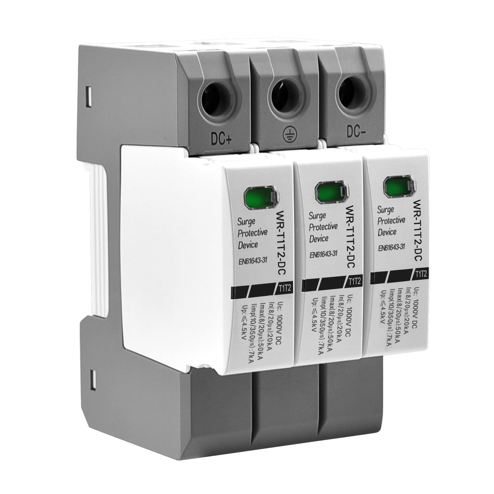 Heschen DC-Überspannungsschutzgerät für PV, WR-T1T2-DC, 3P 1000 VDC, In 20 KA, Iimp 7 KA, T1+T2-Typ, feuerfest, 35-mm-DIN-Schienenmontage, CE-gelistet Angebot bei HelloDeals