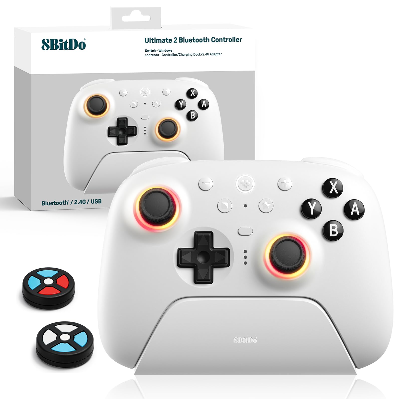 8bitdo Ultimate 2 Bluetooth Controller für Switch 2, Switch, Windows-PC, TMR-Joystick-Update, RGB-Feuerring, umschaltbare Hall-Effekt-Taktauslöser, Vibration, neu belegbare L4/R4/2-Rücktasten, Weiß Angebot bei HelloDeals