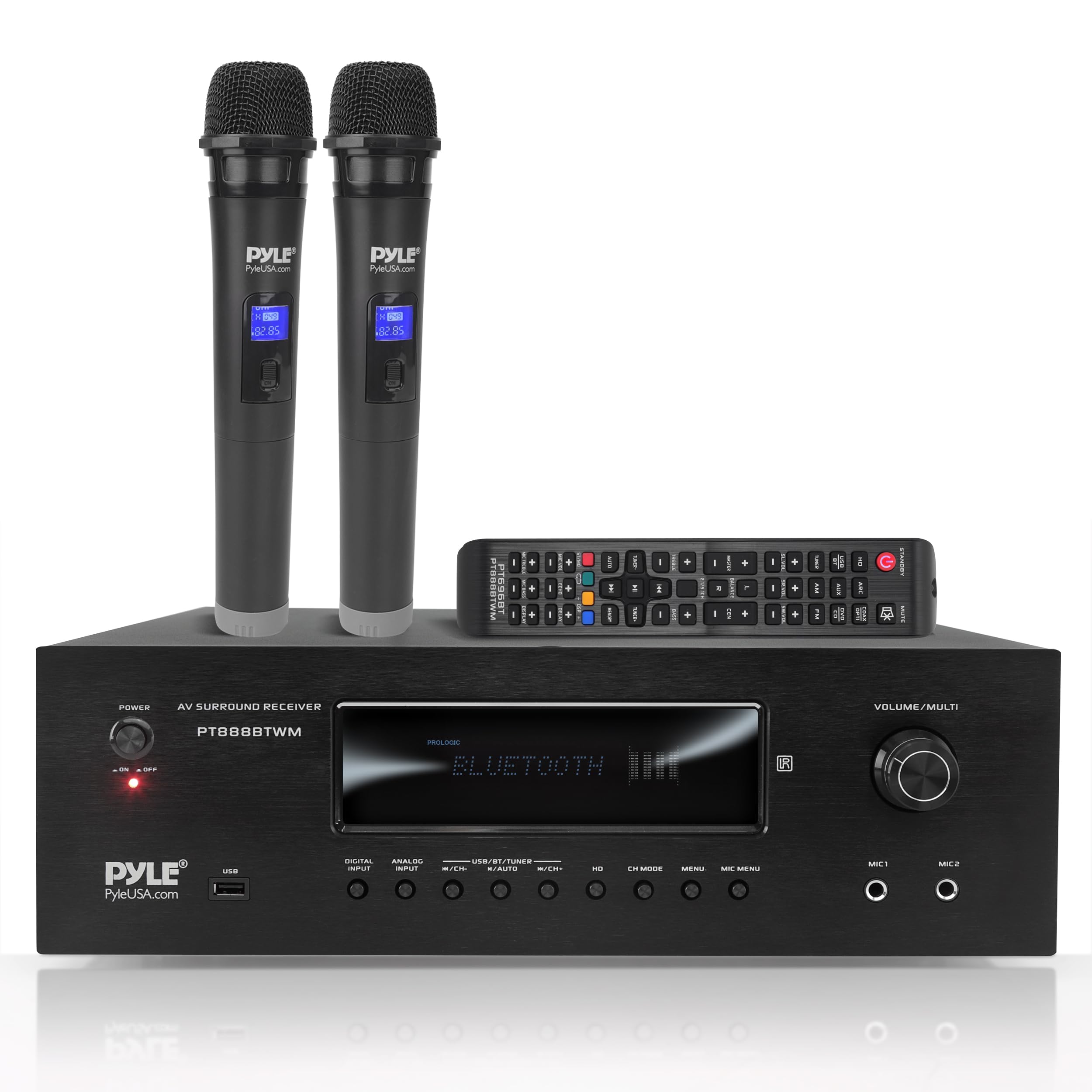 Pyle Verstärker, AV Receiver, HiFi Verstärker, Bluetooth Verstärker, Stereo Verstärker- 1000W 5.2 Kanäle mit 2 UHF Kabellosen Mikrofonen, Amplifier, MP3/USB/HDMI/AM/FM Radio, für Heimkino & Karaoke PT888BTWM - EU Angebot bei HelloDeals