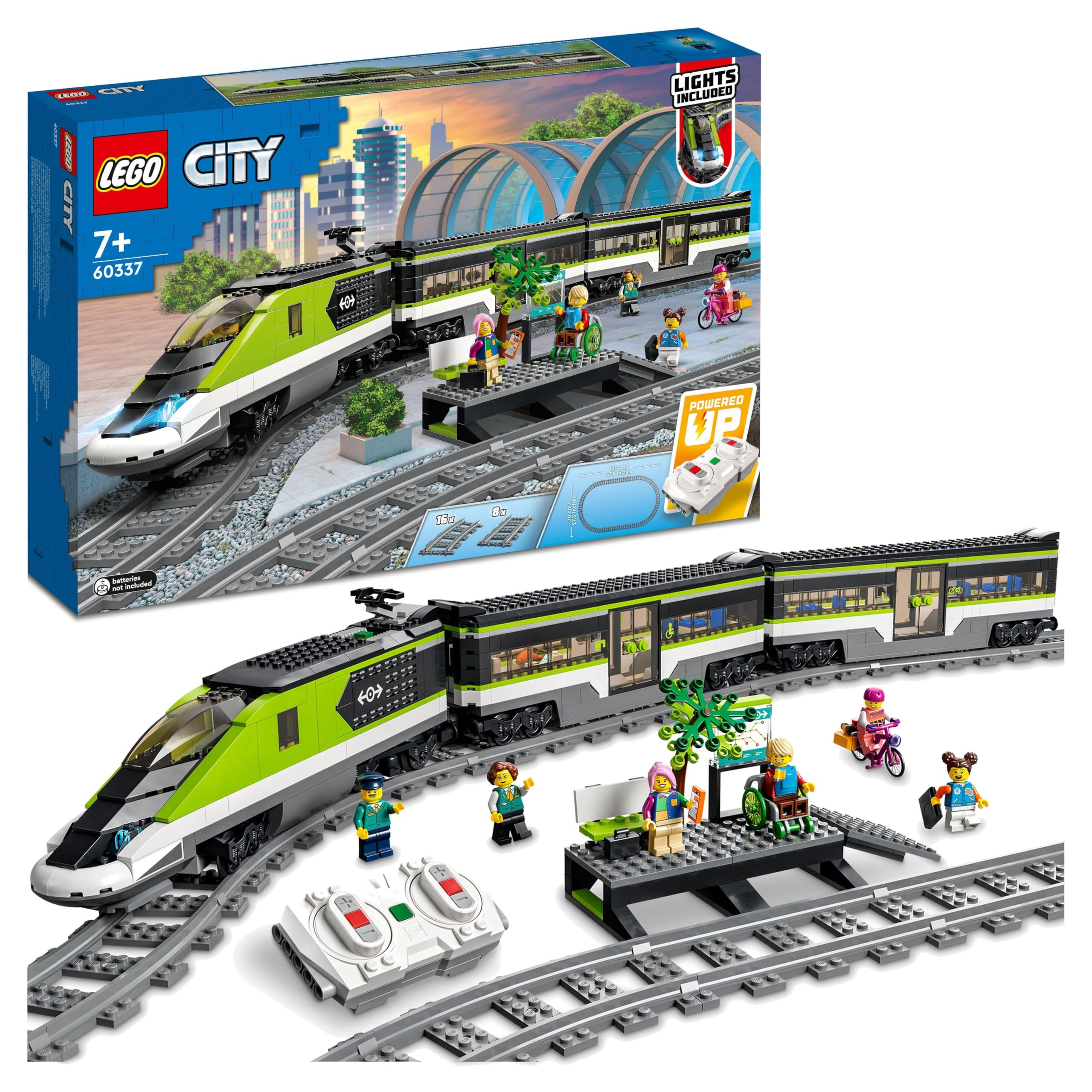 LEGO City Trains - Personen-Schnellzug -Ferngesteuertem Zug mit funktionierenden Scheinwerfern, 2 Waggons, 24 Gleisstücken & 6 Minifiguren – Geschenk für Jungen & Mädchen ab 7 Jahren - 60337 Single Angebot bei HelloDeals
