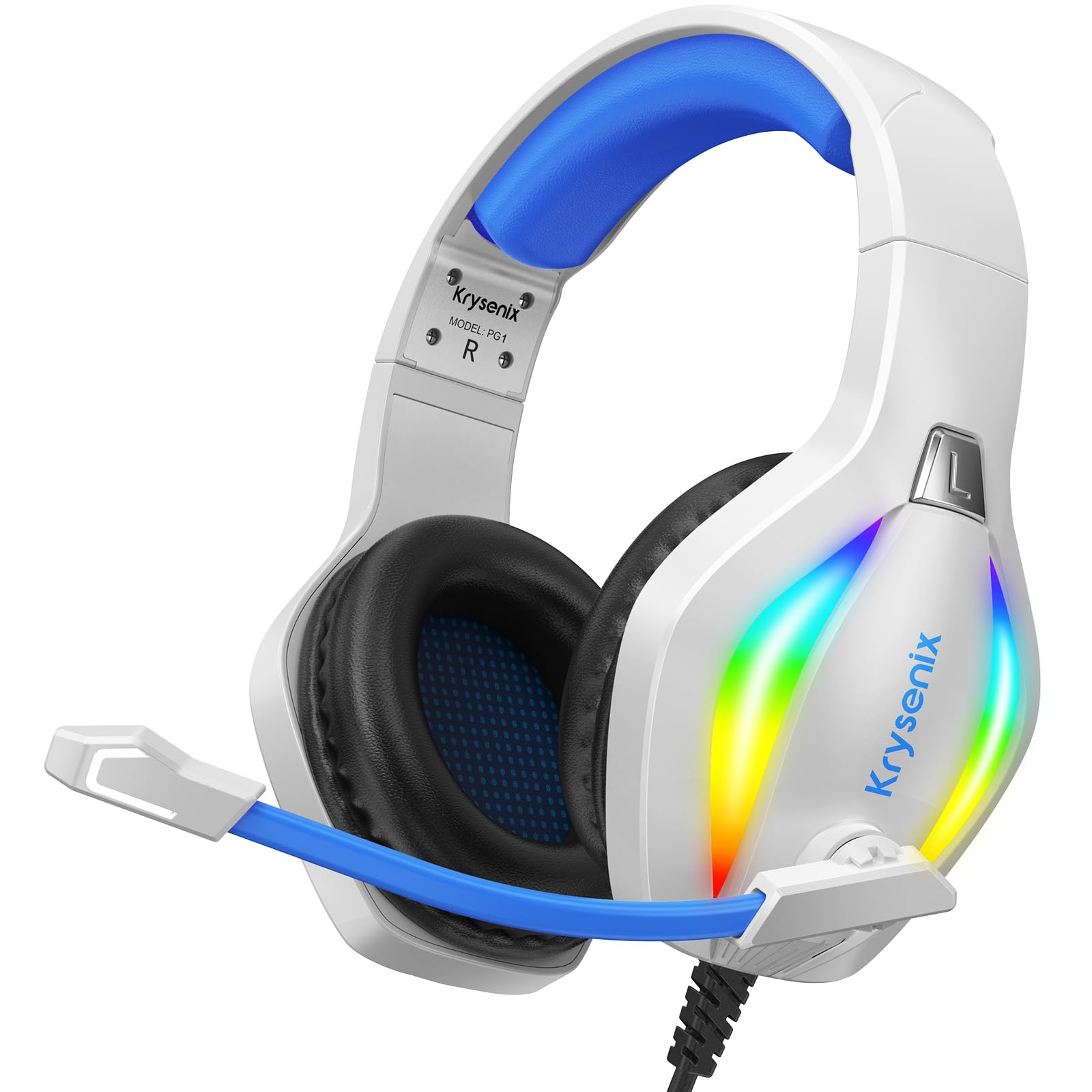 Krysenix PG1 RGB Gaming Headset für PS4, PS5, PC, Nintendo Switch, Xbox one, Headset mit Mikrofon, Gaming Kopfhörer mit Mikrofon, Noise Cancelling Kopfhörer mit 3.5mm Klinke Weiß/Blau Angebot bei HelloDeals
