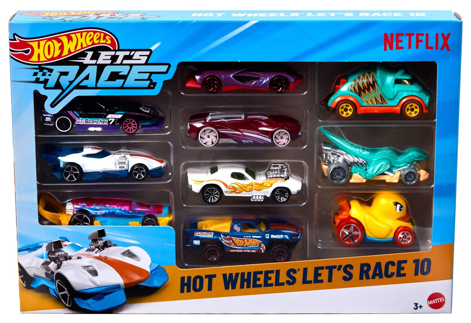 Hot Wheels Spielzeugautos und Spielzeugtrucks, Let’s Race 10er-Pack, Set mit 10 Fahrzeugen im Maßstab 1:64 aus der animierten Netflix-Serie zum Spielen oder Ausstellen (Stile können abweichen), JGN40 Let's Race 10-pack Angebot bei HelloDeals