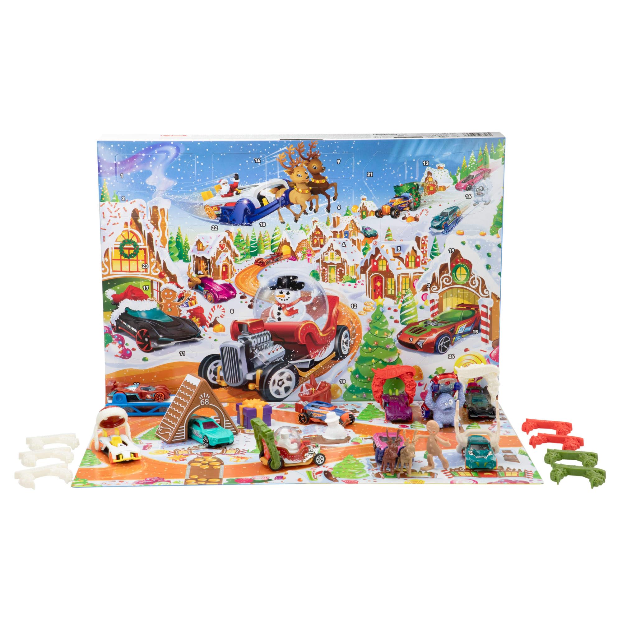 Hot Wheels Spielzeugautos und Spielset, Adventskalender 2025 mit 10 Fahrzeugen im Maßstab 1:64, 10 Clips zum Befestigen und 14 winterlichen Zubehörteilen, JCB47 Angebot bei HelloDeals