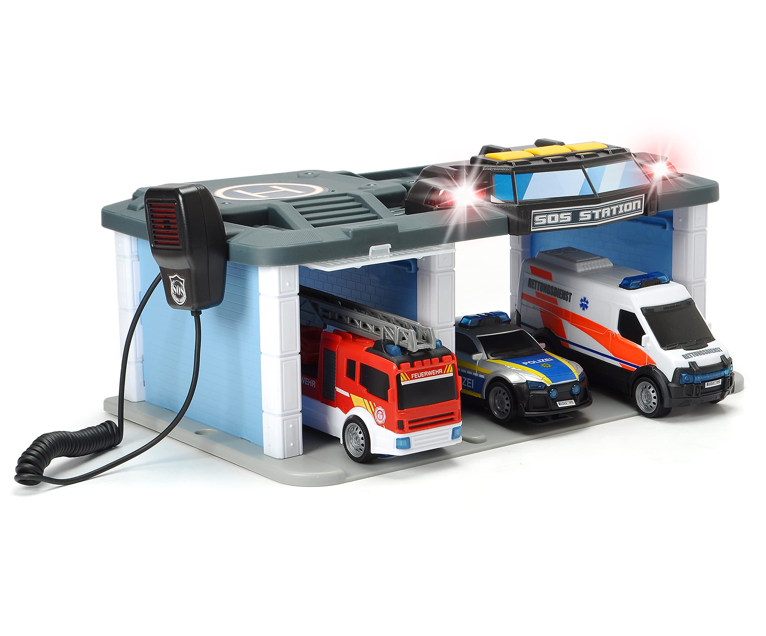 Dickie Toys SOS Rettungsstation mit Polizei, Feuerwehr und Krankenwagen, Station mit Licht & Sound, Mikrofon mit Lautsprecherfunktion, Tore zum Öffnen, inkl. Batterien, 31x22x16 cm, Blue Single Angebot bei HelloDeals