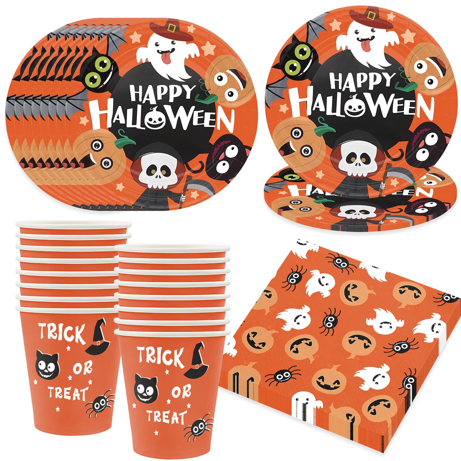 Bikasun Halloween Partygeschirr Set, 16 Gäste Halloween Party Geschirr Teller Set, Teller Becher Servietten Pappteller Party Deko für Kinder Halloween A Angebot bei HelloDeals