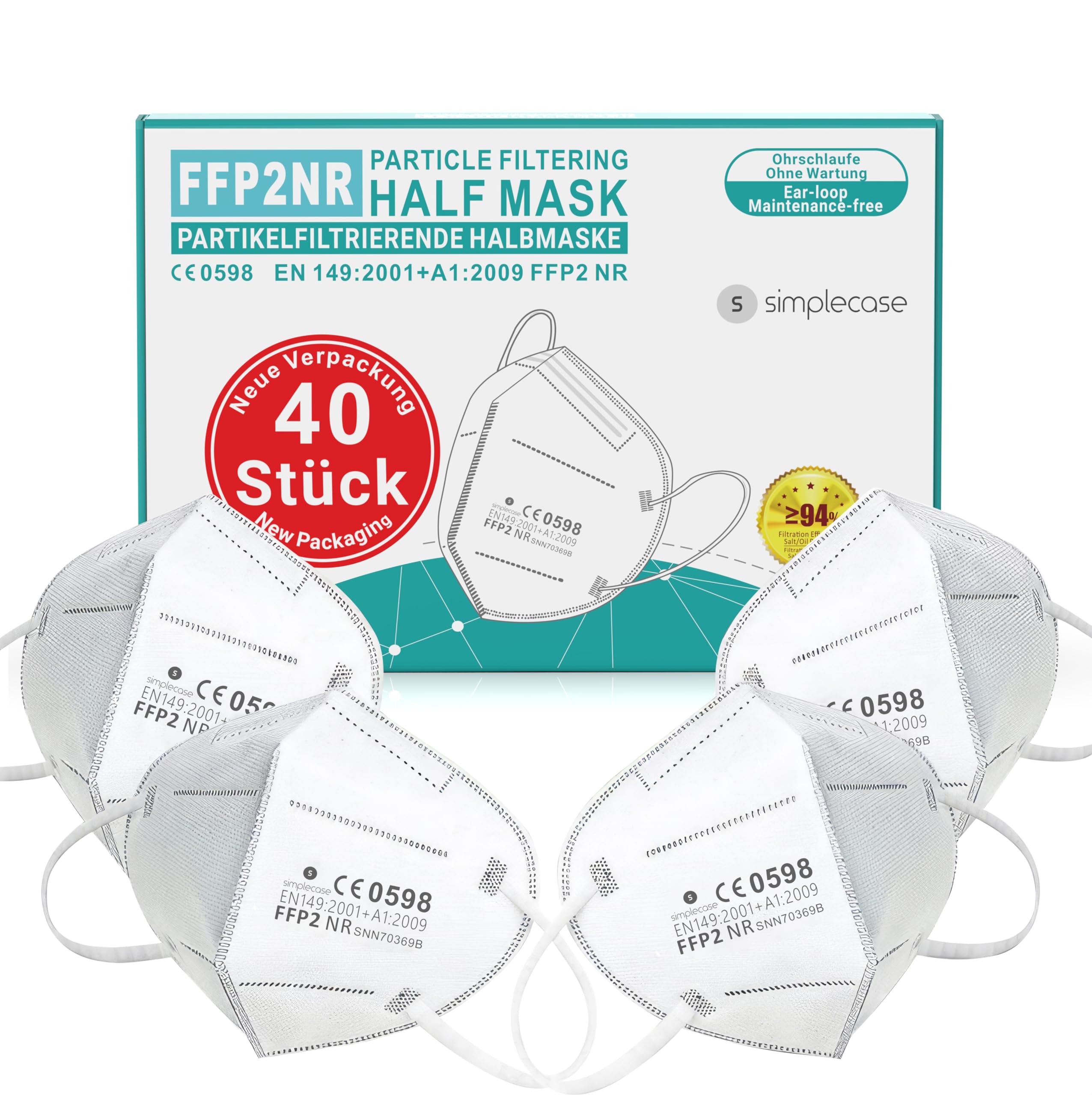SIMPLECASE 40x FFP2 Maske, CE Zertifiziert von offiziell benannter Stelle CE 0598, Atemschutzmaske, Partikelfiltermaske 1 stück (40er Pack) Weiß Angebot bei HelloDeals