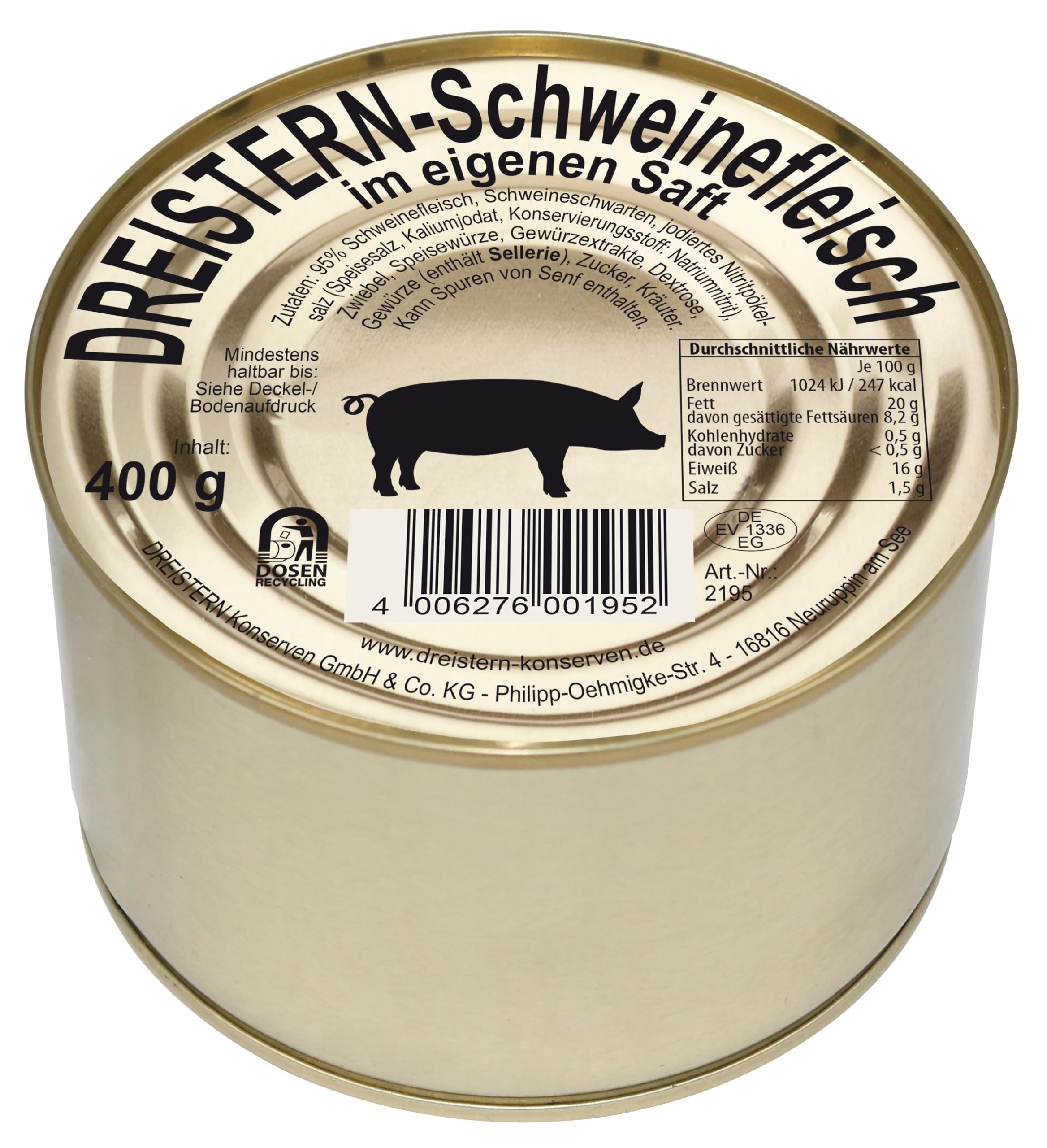 DREISTERN Schweinefleisch im eigenen Saft 400g I Mit Schweineschwarte I Herzhafte Spezialität in recyclebarer Goldlackdose I Lange Haltbarkeit dank natürlicher Konservierung I Hausmacher Qualität 400 g (1er Pack) Angebot bei HelloDeals