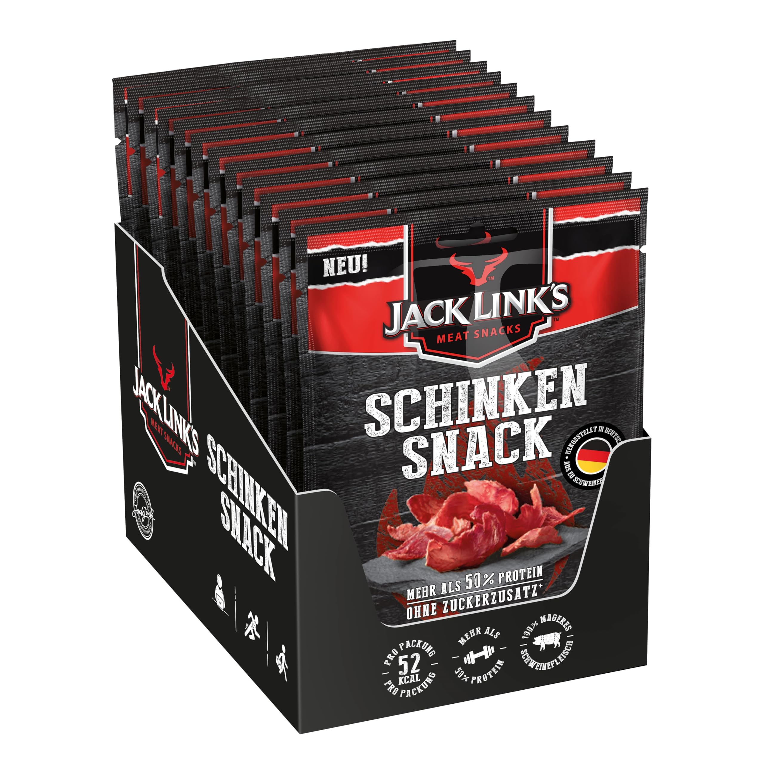 Jack Link’s Schinkensnack - 12er Pack (12 x 25g) - Proteinreicher Fleisch Snack aus Schweinefleisch - High Protein Snack für Gym, Fitness, Outdoor - Herzhaftes Trockenfleisch aus Deutschland Angebot bei HelloDeals