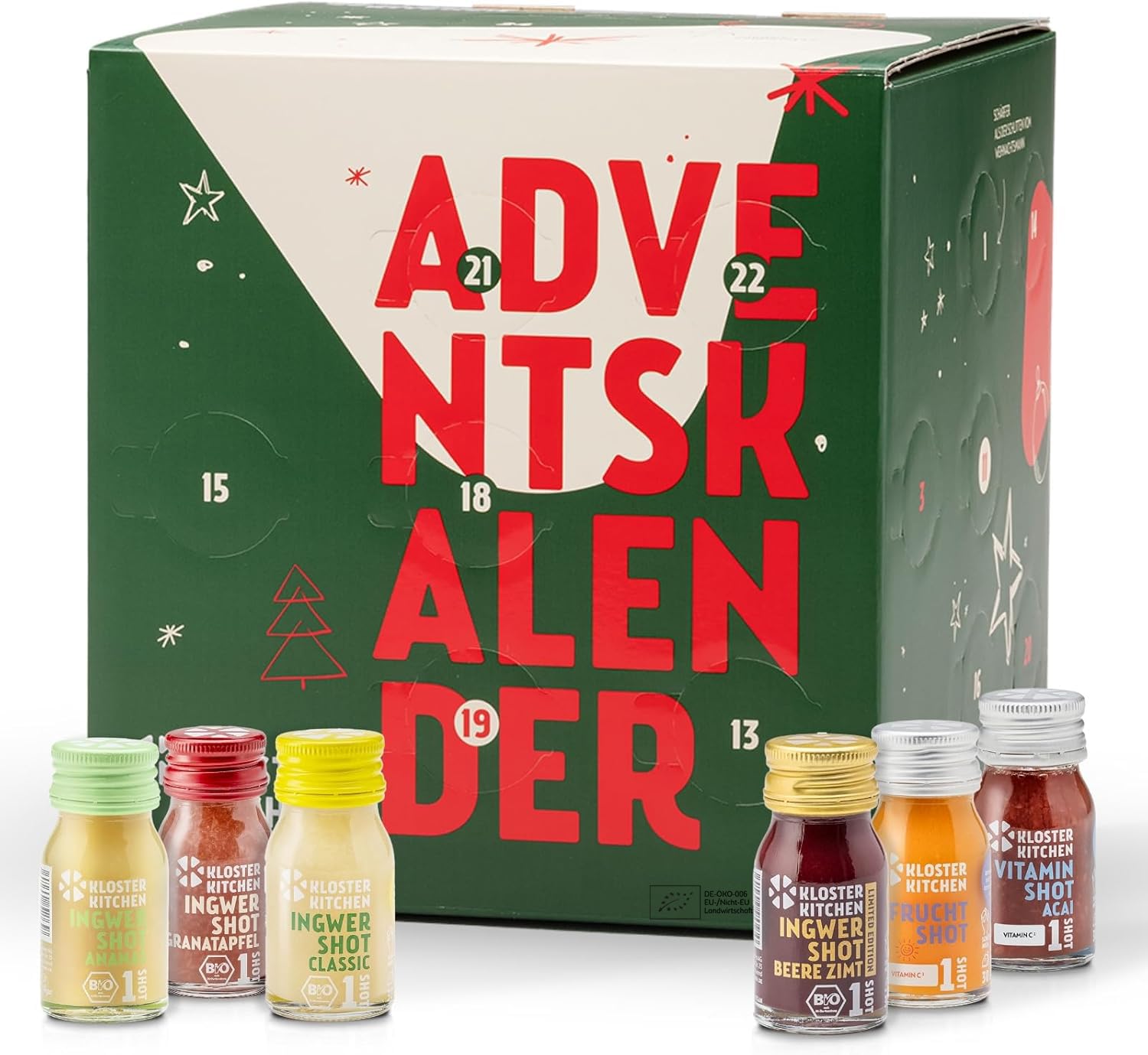Kloster Kitchen Bio Ingwer Shots Adventskalender 2025 - Weihnachtskalender mit 35 Shotportionen - Hochwertige Bio-Getränke als Geschenk für Männer und Frauen - vegan & bio (inkl. 0,25€ EINWEG Pfand) Angebot bei HelloDeals