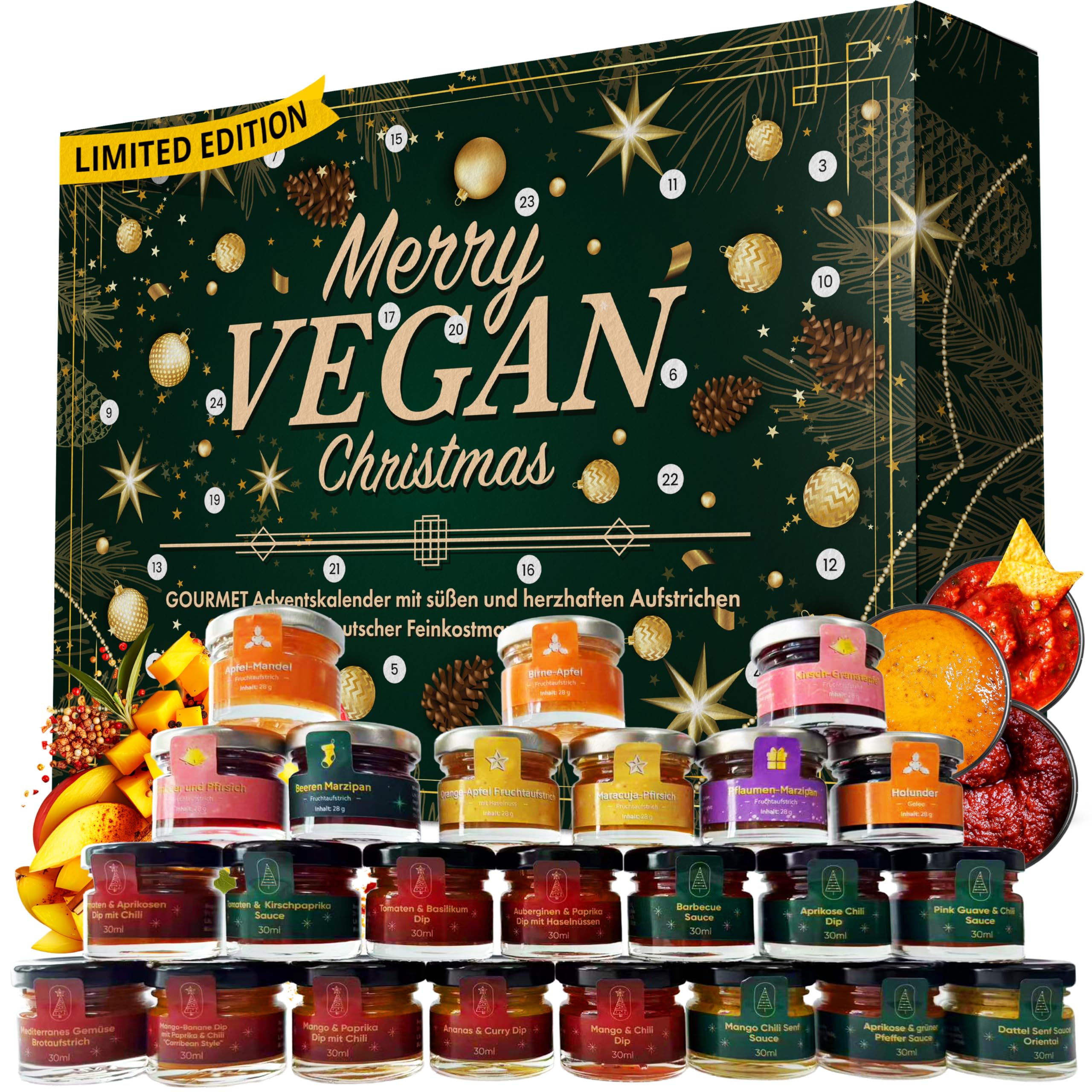 Adventskalender vegane Aufstriche 2025 mit 24 köstlichen und abwechslungsreichen veganen Aufstrichen in Gläsern, Weihnachtskalender Geschenkset Angebot bei HelloDeals