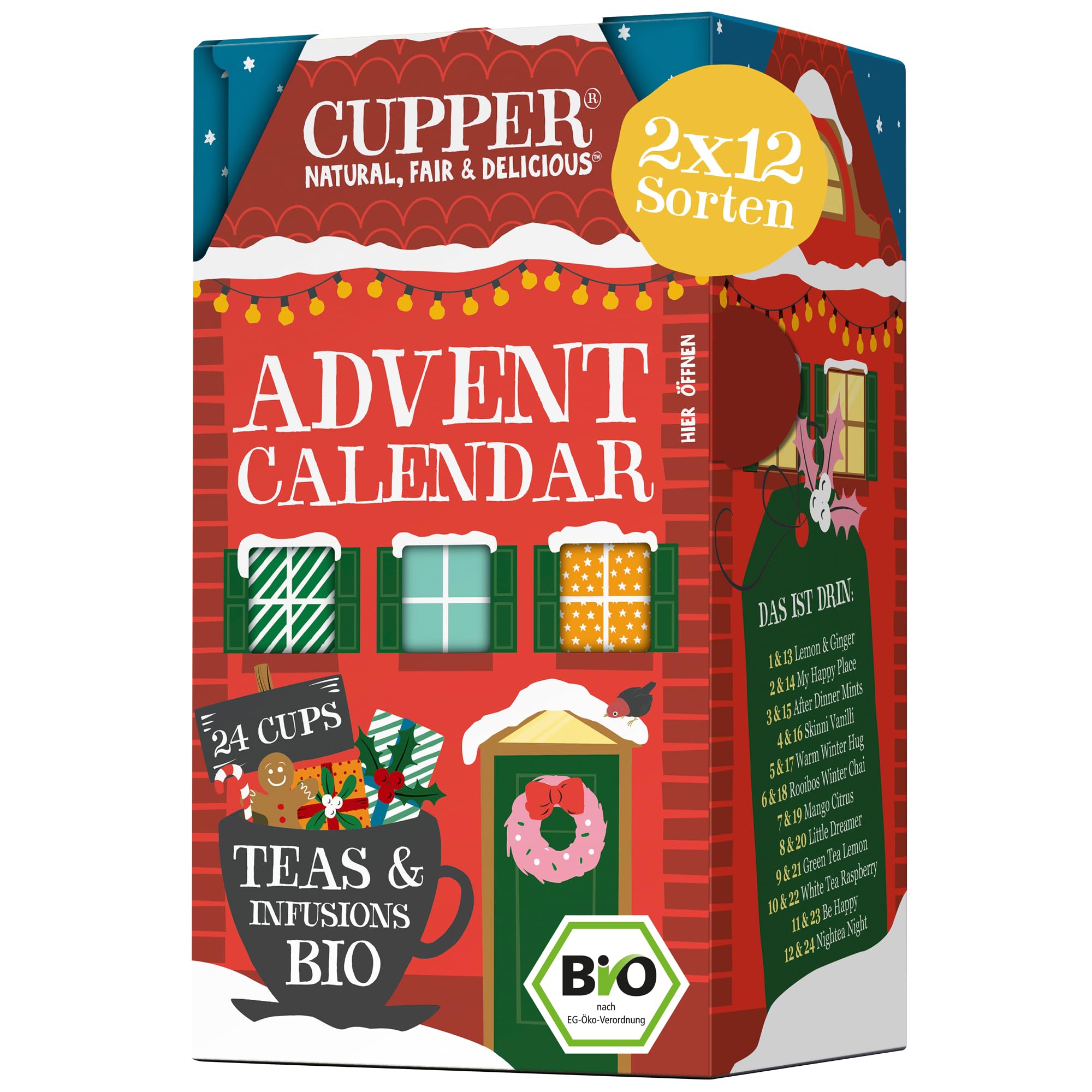 Cupper Bio Tee Adventskalender 2025, Geschenk Weihnachten, Weihnachtskalender ohne Schokolade mit 24 Teebeuteln, 2x12 Sorten, zwei neue exklusive Sorten Angebot bei HelloDeals