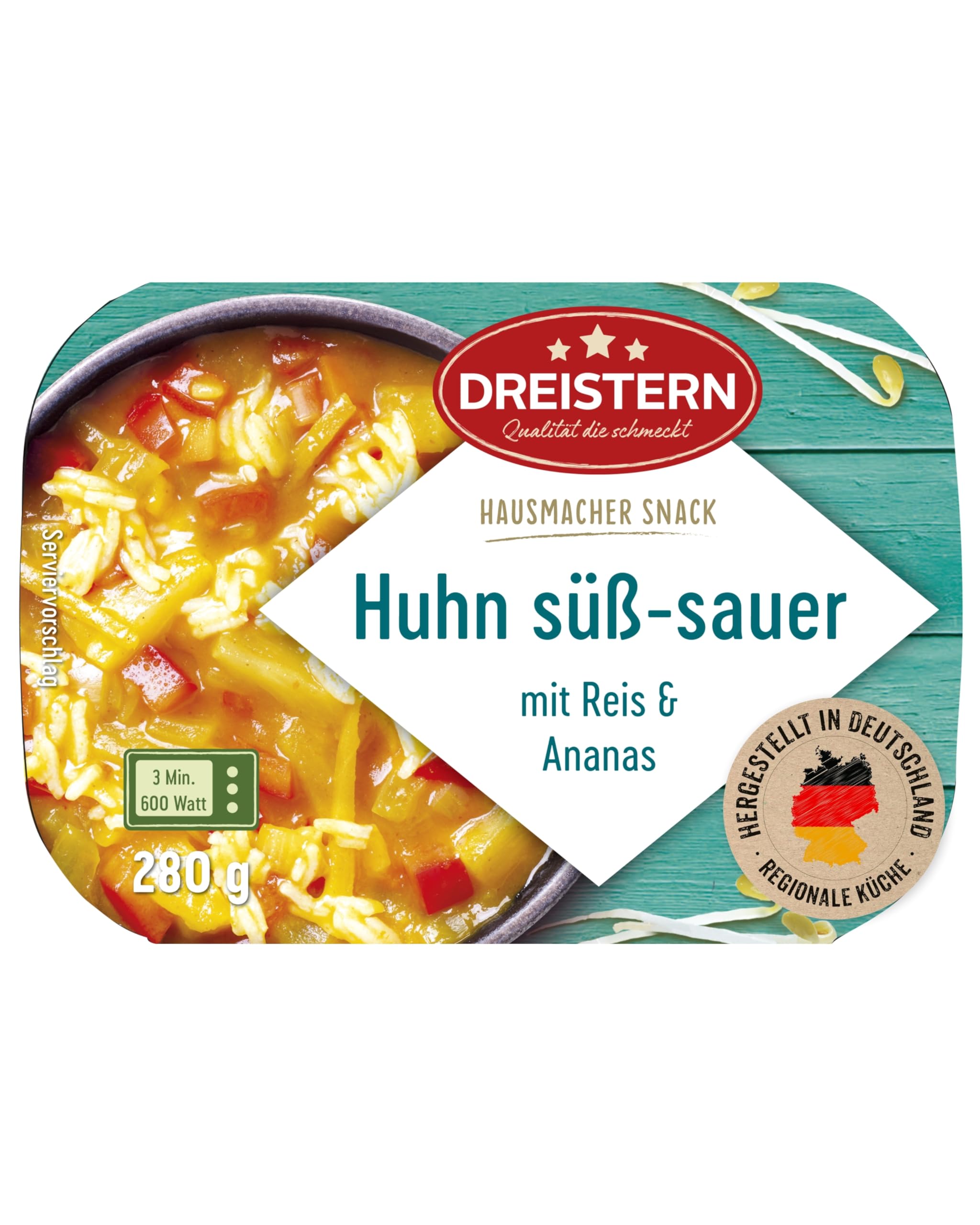 DREISTERN Huhn Süß-Sauer 280g I Mit Ananas & Reis I Herzhaftes Fertiggericht in Mikrowellenschale I Lange Haltbarkeit dank natürlicher Konservierung I Hausmacher Qualität 280 Gramm Angebot bei HelloDeals