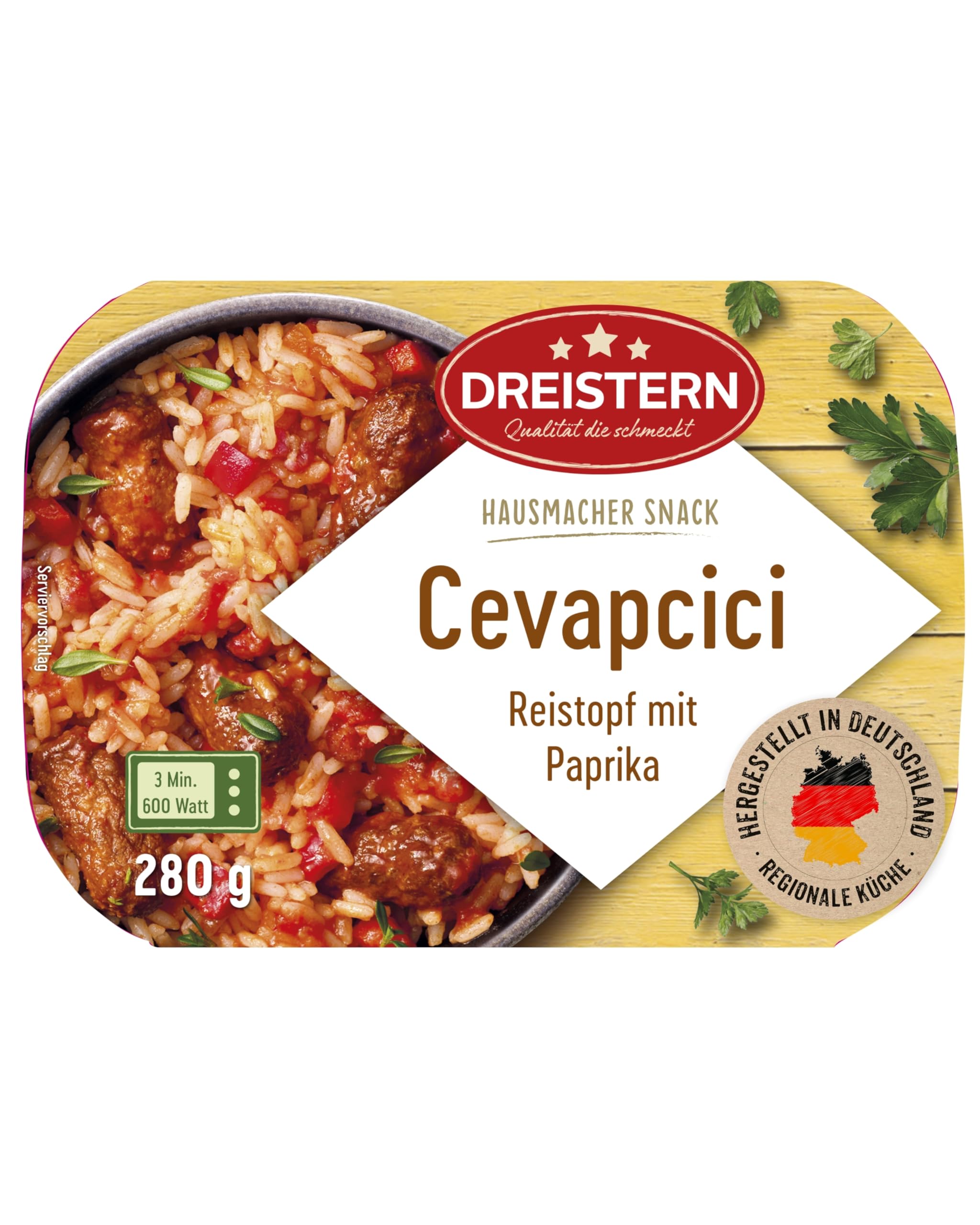 DREISTERN Cevapcici 280g I Mit Paprika & Reis I Herzhaftes Fertiggericht in Mikrowellenschale I Lange Haltbarkeit dank natürlicher Konservierung I Hausmacher Qualität Angebot bei HelloDeals