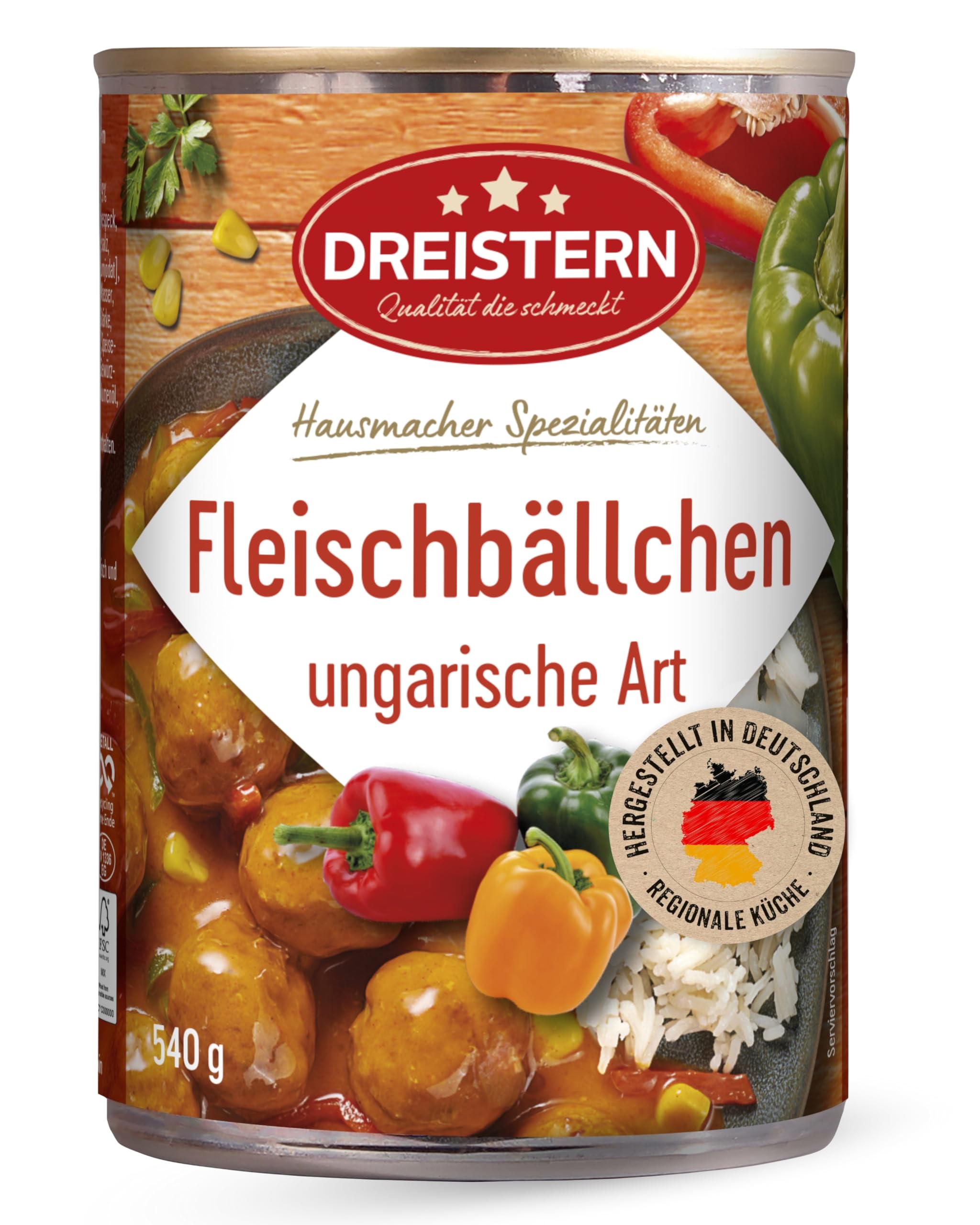 DREISTERN Fleischbällchen 540g I Mit Schweinefleisch in Paprikasauce I Herzhafte Spezialität in recyclebarer Konservendose I Lange Haltbarkeit dank natürlicher Konservierung I Hausmacher Qualität Angebot bei HelloDeals