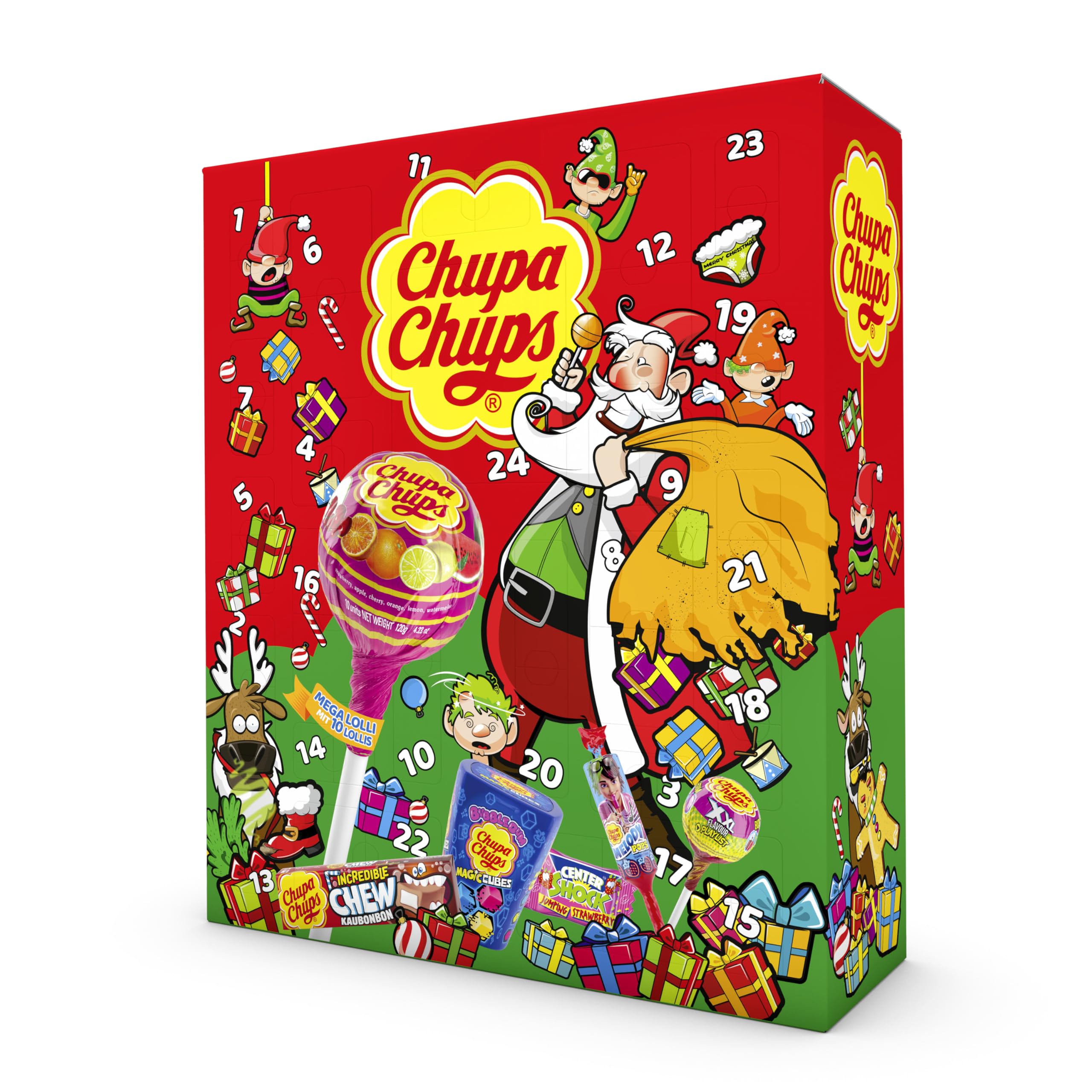 Chupa Chups XXL Adventskalender 2025, 24 Türchen mit einem Mix aus verschiedenen Lutscher- & Kaugummi-Sorten, Süßigkeiten Weihnachtskalender, 1x614g Angebot bei HelloDeals