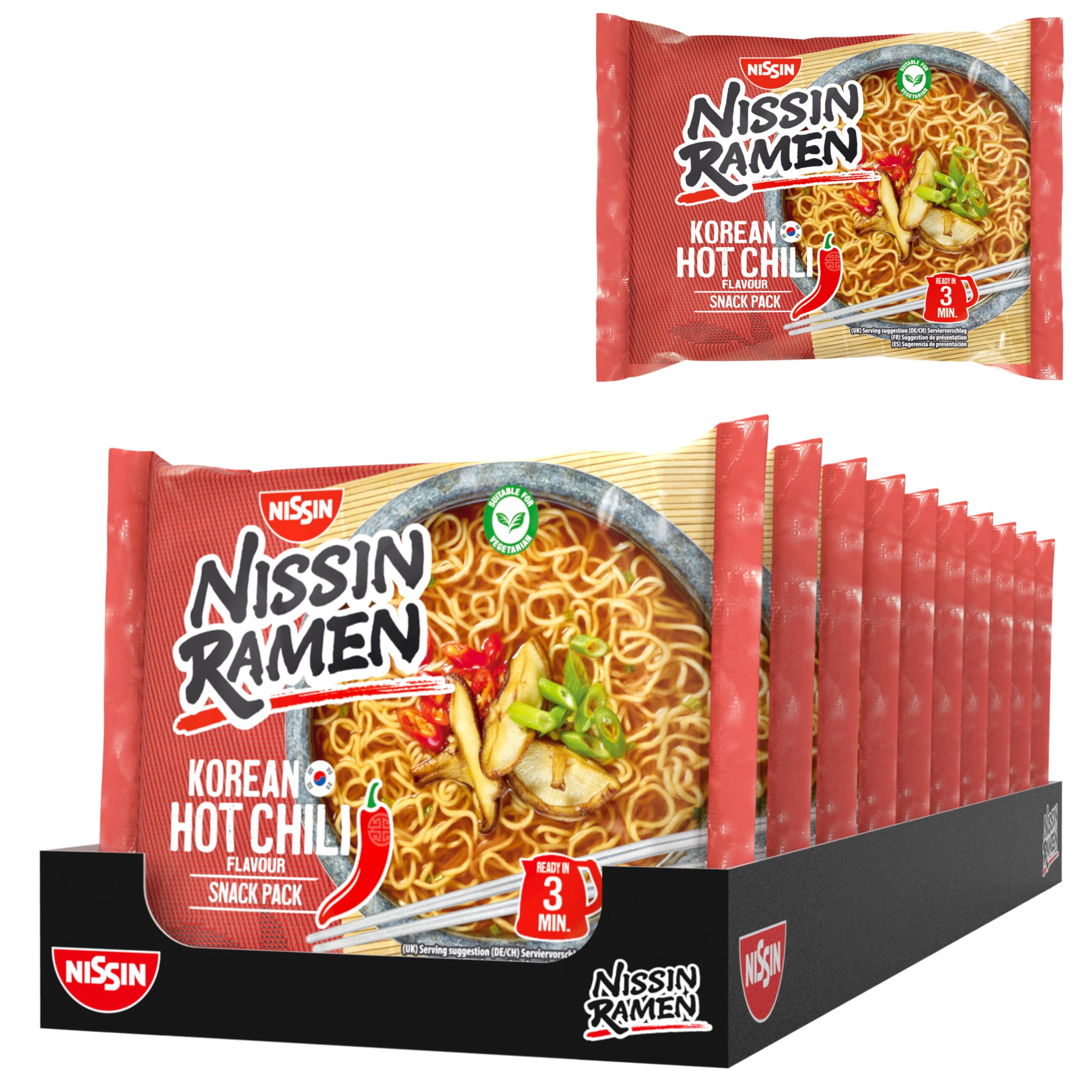 Nissin Ramen - Korean Hot Chili, 10er Pack, Instant-Nudeln asiatischer Art, nach koreanischen Rezeptur, schnell & einfach zubereitet, asiatisches Essen (10 x 65,2g) Angebot bei HelloDeals