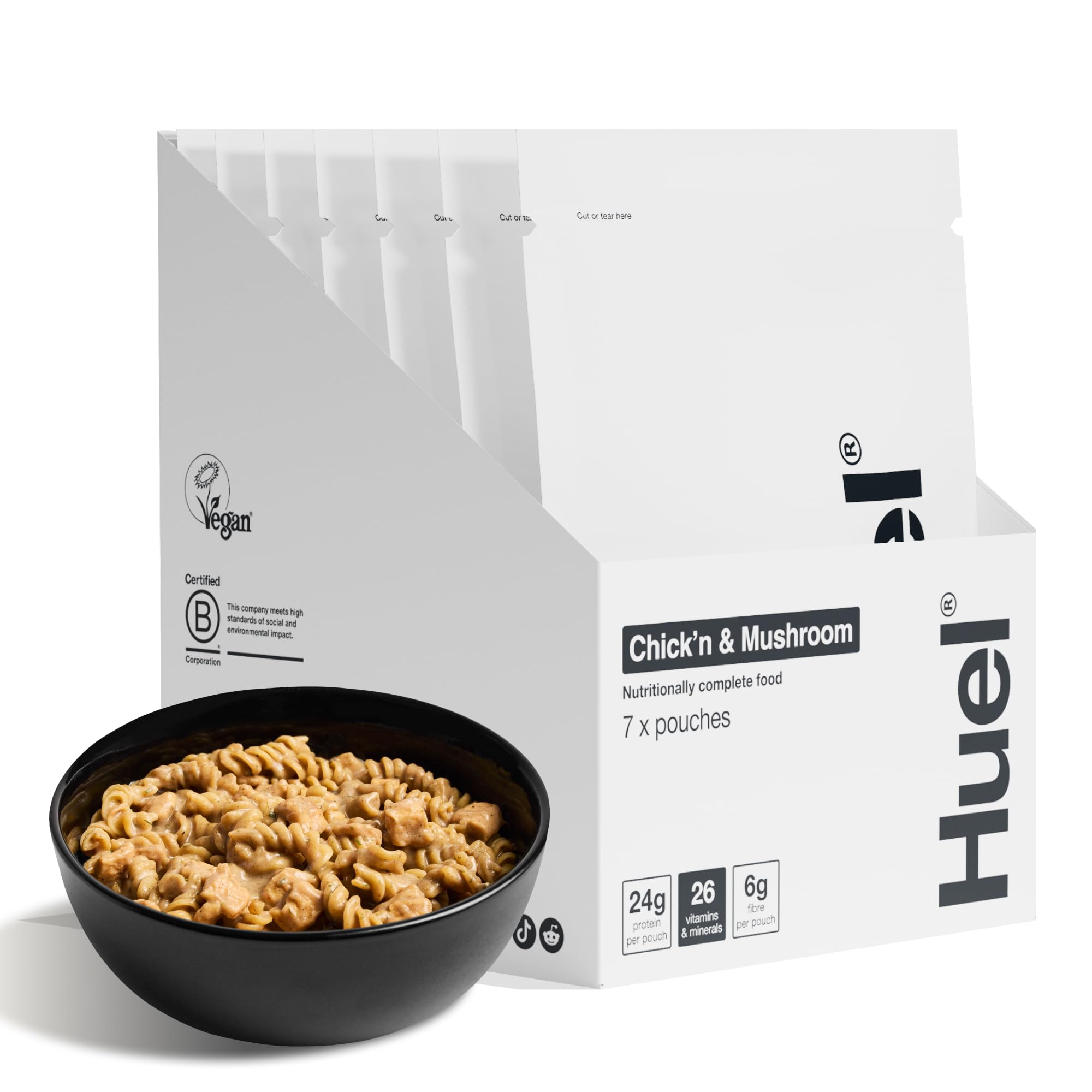 Huel Hot & Savoury – Chick’n & Mushroom Pasta (7 Portionen), Vegane Protein-Mahlzeit mit 25g Eiweiß, 26 Vitamine & Mineralstoffe, Pflanzliches Fertiggericht, Ausgewogen & Nährstoffreich Angebot bei HelloDeals