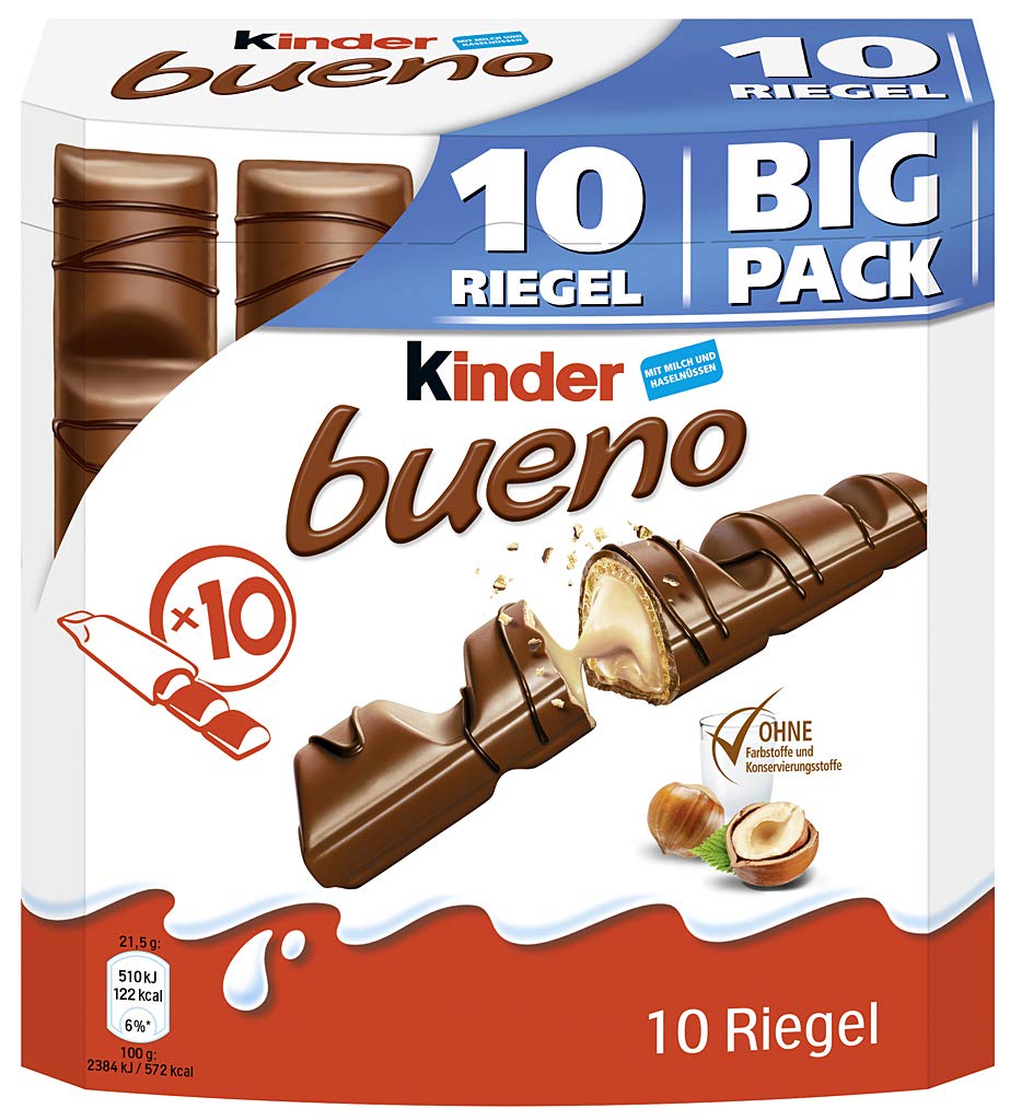 kinder bueno Big Pack – Schokoriegel mit knuspriger Waffel, feiner Milch-Haselnuss-Cremeund zarter Vollmilchschokolade – 1 Großpackung mit 10 einzeln verpackten Riegeln (10 x 21,5g) 10 Riegel (1er Pack) Angebot bei HelloDeals