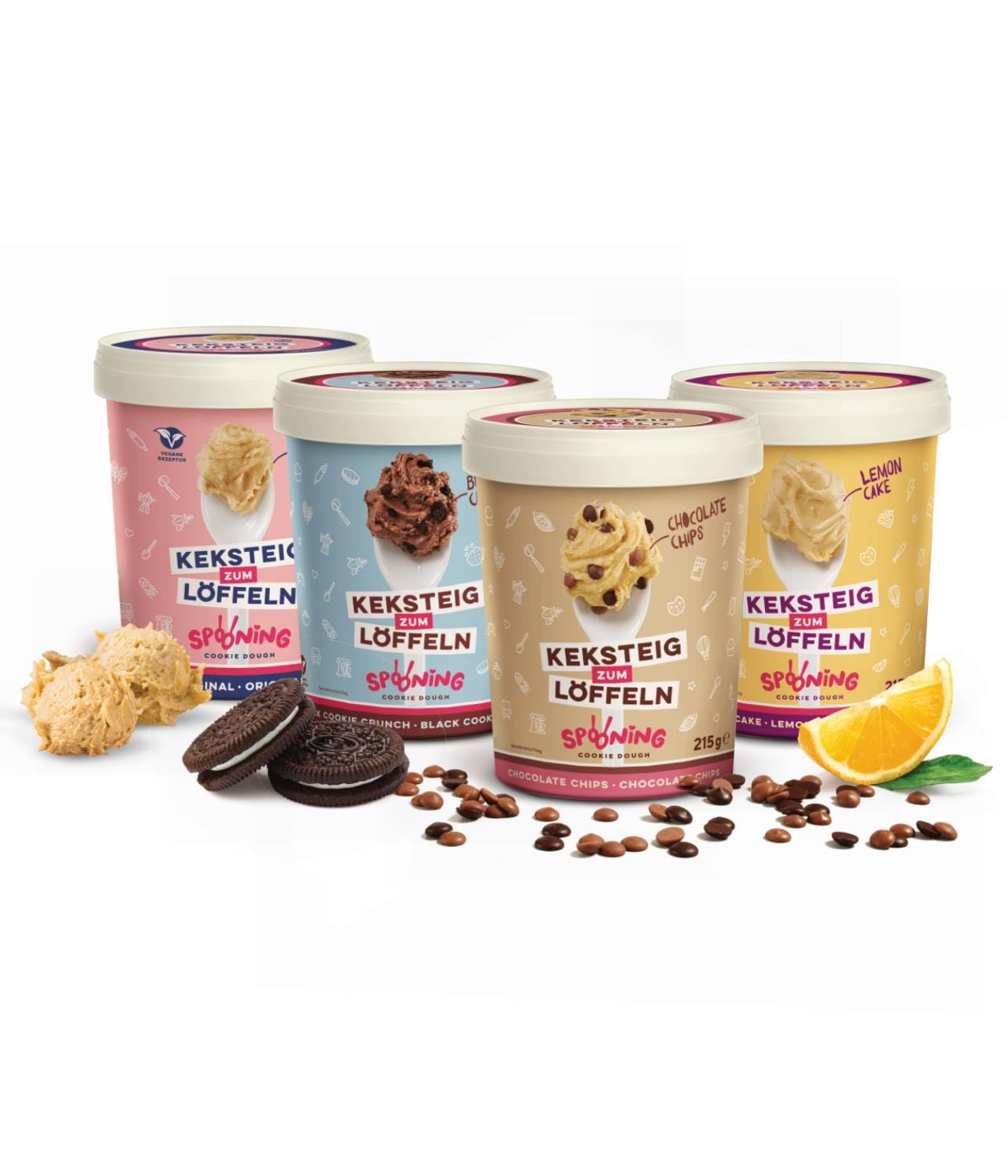 Spooning Cookie Dough Bundle, Keksteig zum Löffeln in 4 verschiedenen Sorten, Classic, Chocolate Chips, Black Cookie Crunch, Lemon Cake, 4x 215g 4 Sorten 4 x 215g Angebot bei HelloDeals