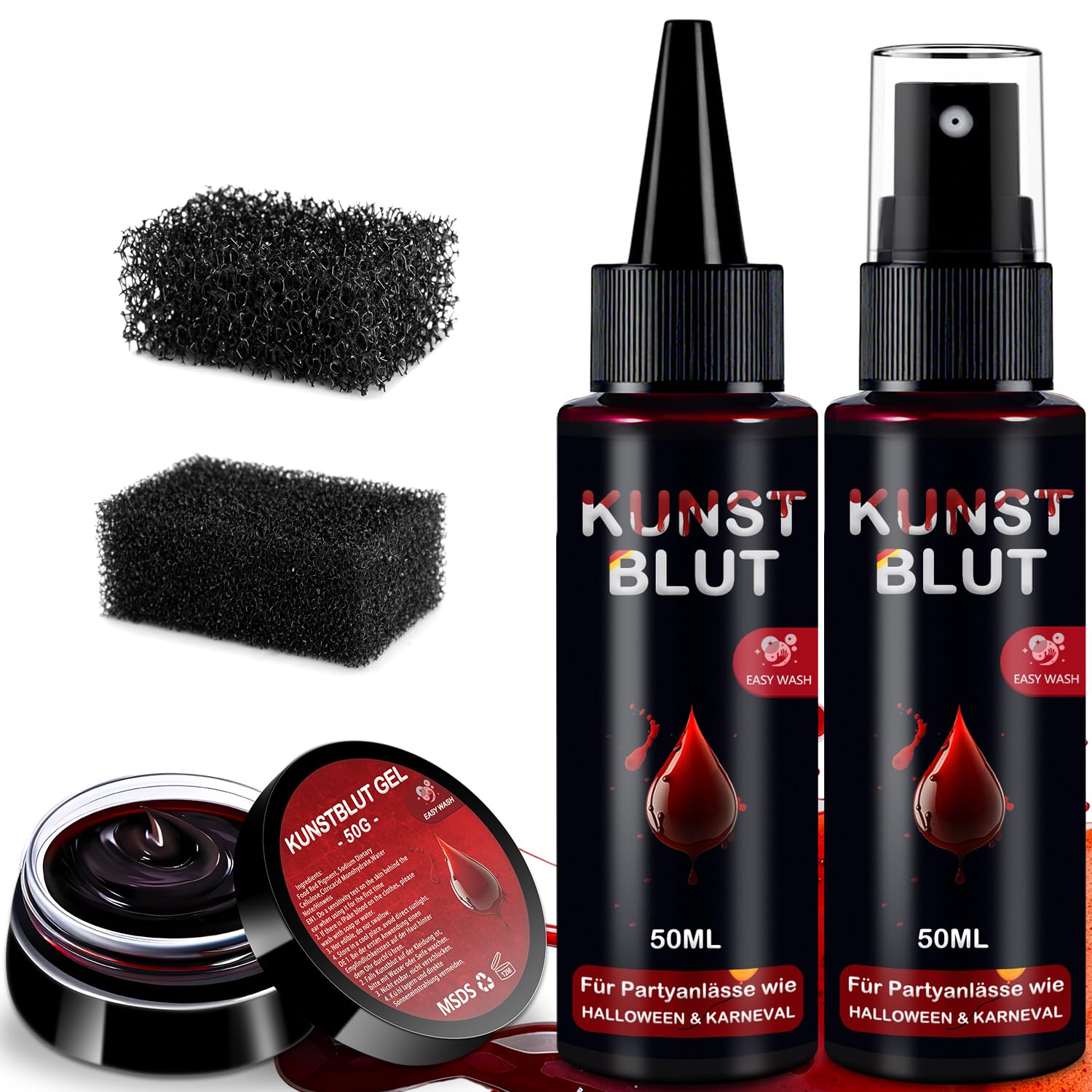 Kunstblut Halloween Fake Blood 3er Set - 50ml Kunstblut Spray + 50ml Tropfendes Blut + 50g Geronnenes Blutplasma, Abwaschbar Fake Blut Halloween Schminke für SFX Make Up Zombies Vampire Cosplay Angebot bei HelloDeals