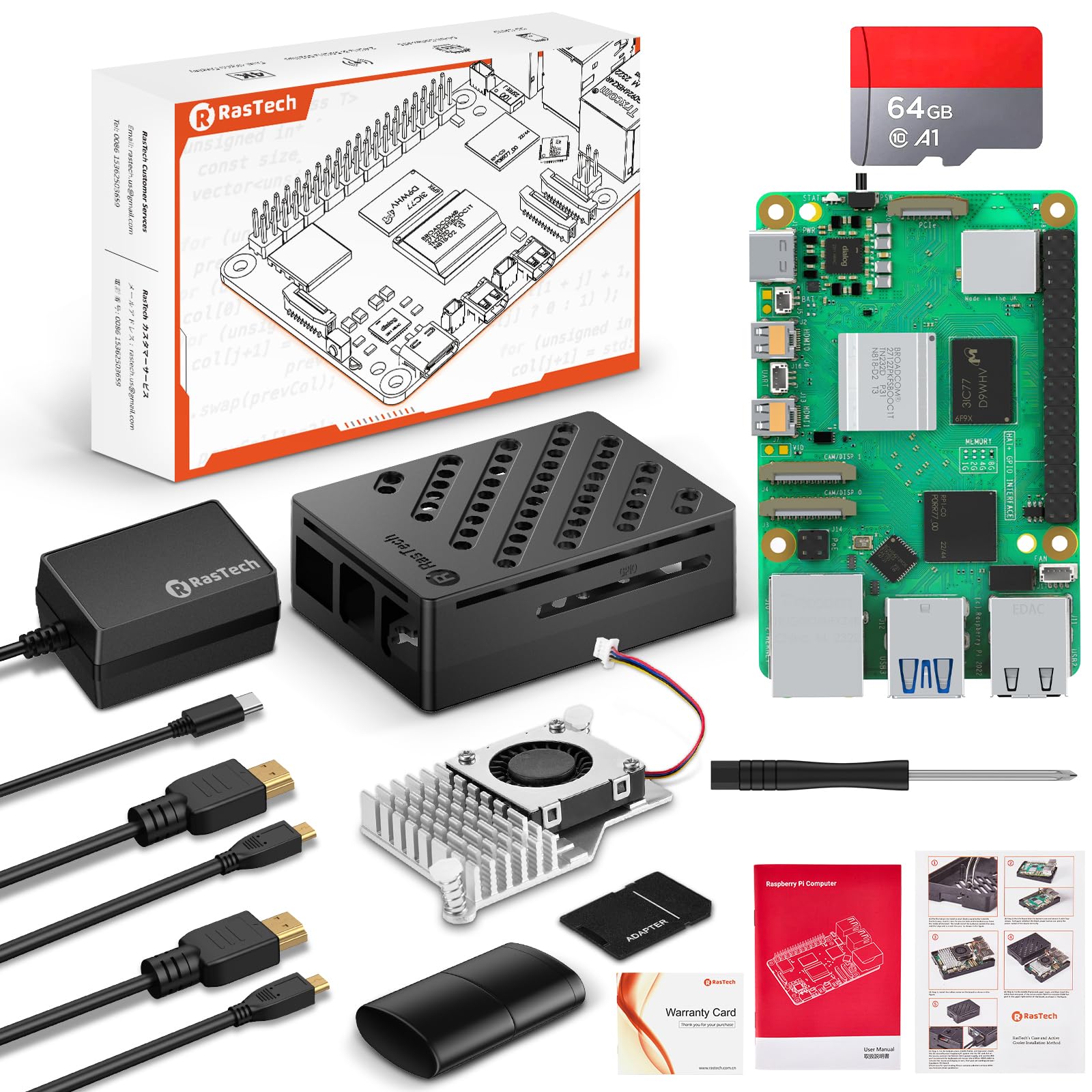 RasTech Raspberry Pi 5 8GB Kit 64GB Edition mit Active Cooler, 27W 5.1V5A USB-C Netzteil, Pi5 8GB Board, 64GB Kartenleser Kit, Pi 5 Gehäuse, Dual 4K Micro HD Out Kabel und Benutzerhandbuch Angebot bei HelloDeals