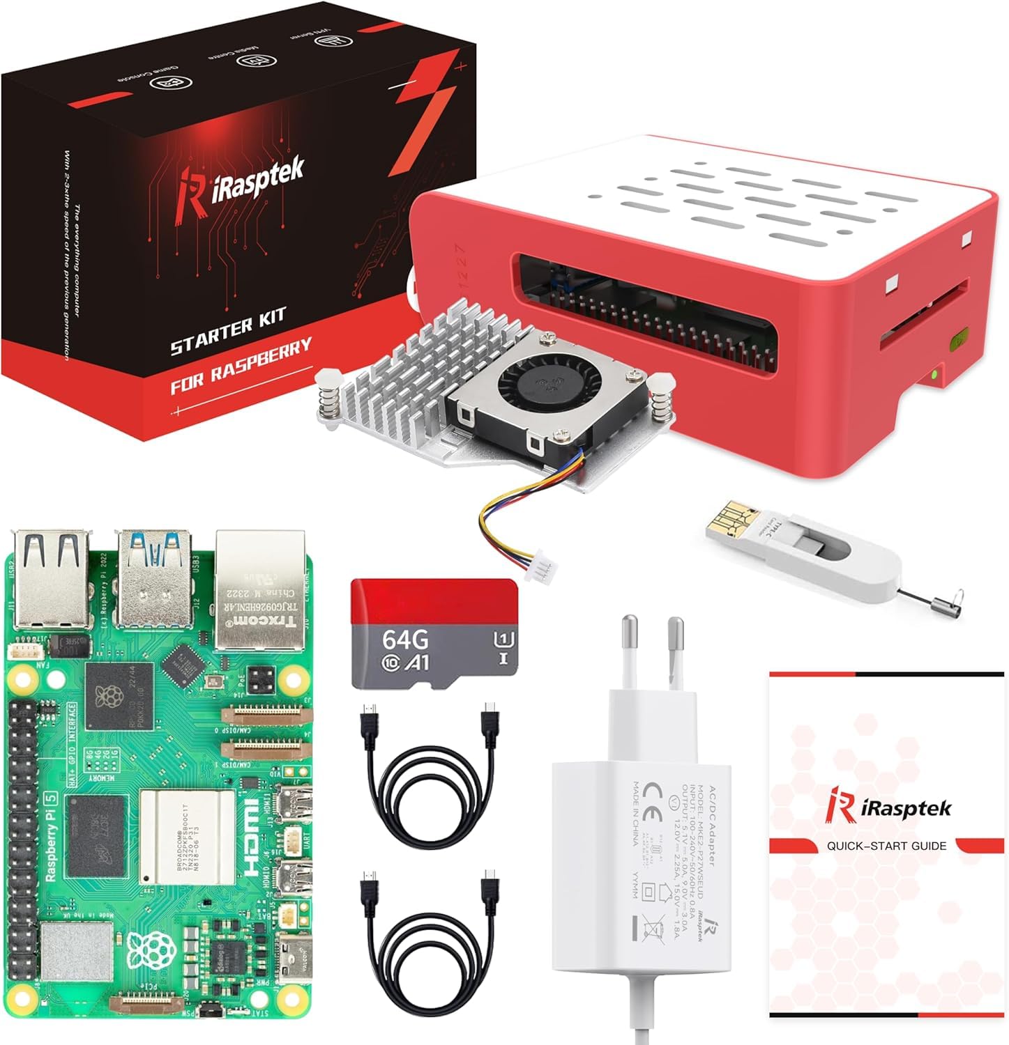 iRasptek Raspberry Pi 5 8GB Starter Kit - 64GB Edition von OS-Bookworm vorinstalliert (Rote und weiße Gehäuse) 8 GB 64 GB Angebot bei HelloDeals