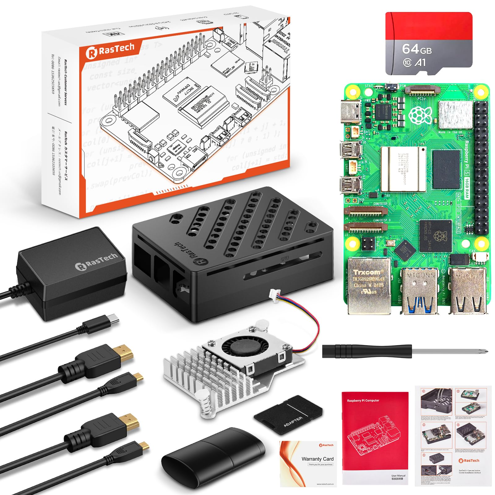 RasTech Raspberry Pi 5 16GB Kit 64GB Edition mit Active Cooler, 27W 5.1V5A USB-C Netzteil, Pi 5 16GB Board, 64GB Kartenleser Kit, Pi 5 Gehäuse, Dual 4K HD Out Kabel und Benutzerhandbuch Angebot bei HelloDeals