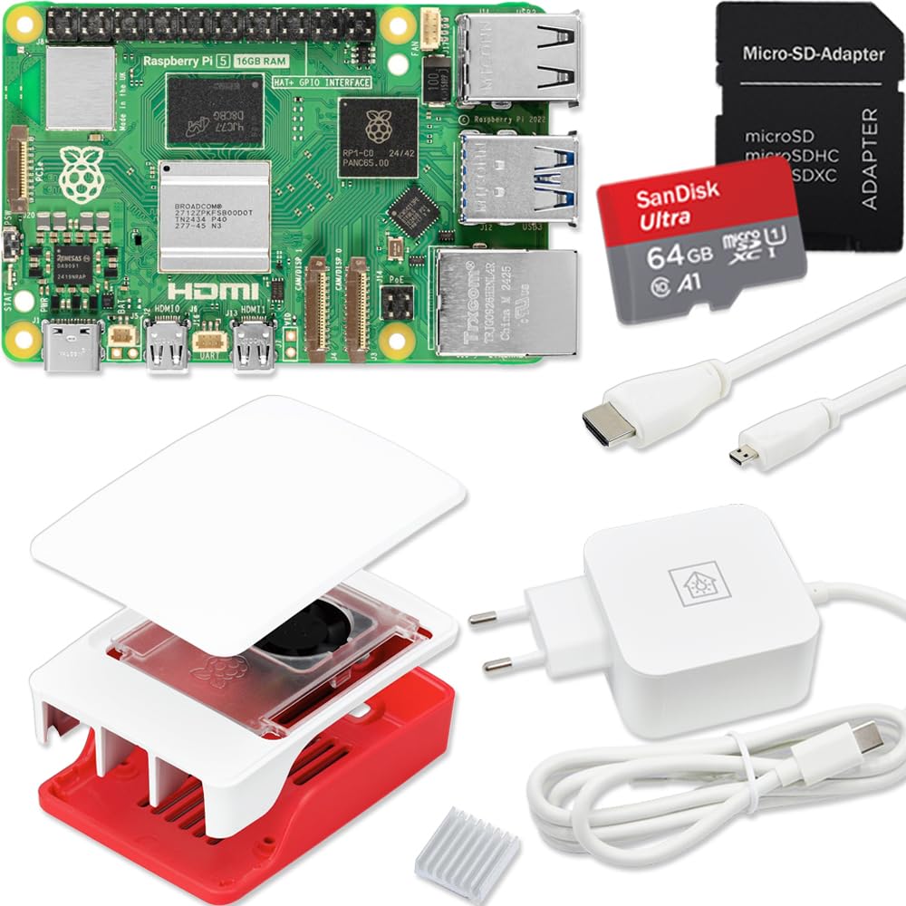 Raspberry Pi 5 16GB Starter-Kit | 64GB Ultra Edition | 45W Netzteil | Offizielles Gehäuse mit Lüfter | 4K Micro HDMI Kabel 1m | Alu-Kühlkörper Angebot bei HelloDeals