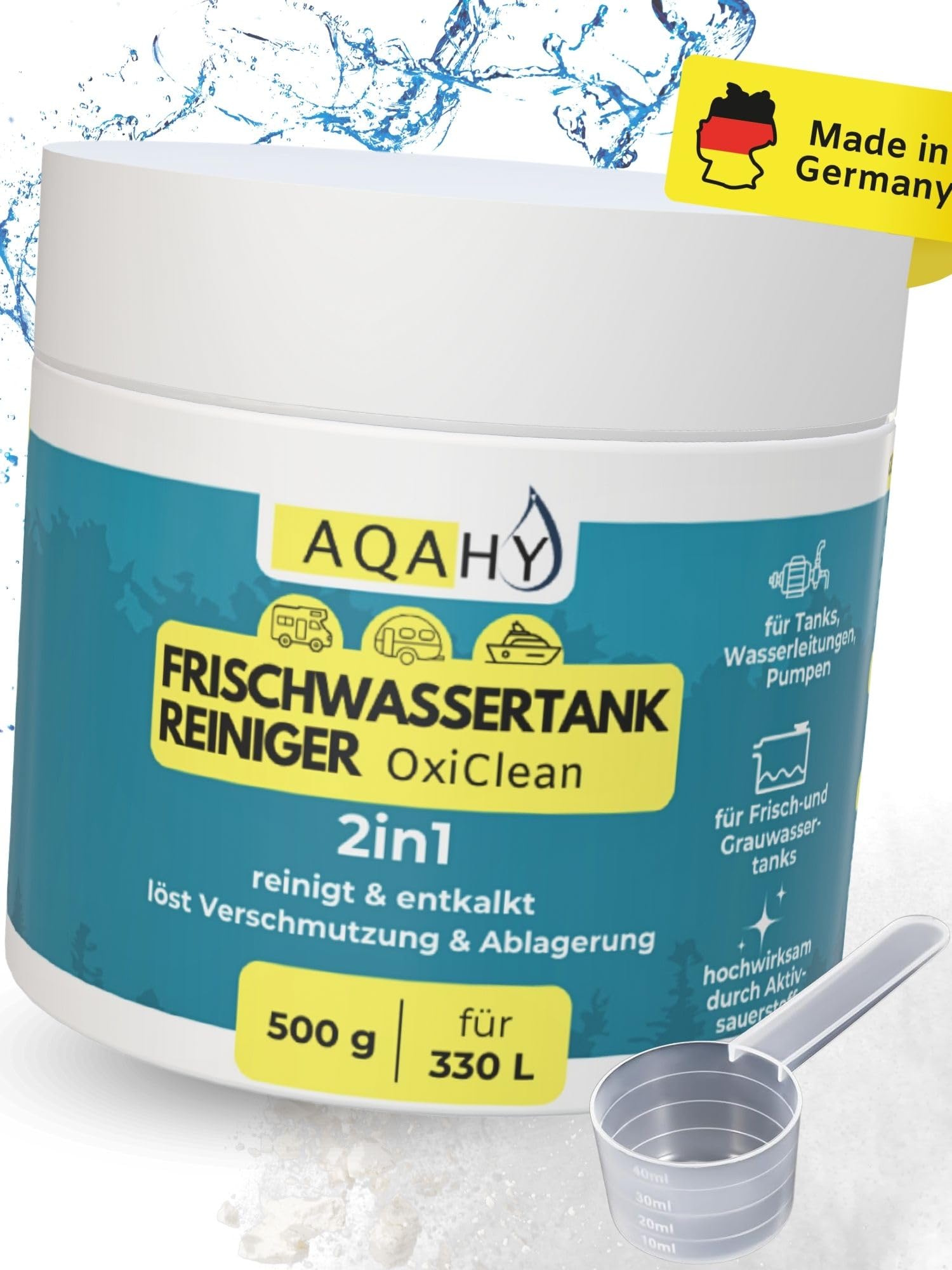 AQAHY Wassertank Reiniger Wohnmobil Oxi Clean (500g) - Frischwassertank Reiniger 2in1 reinigt und entkalkt – hochwirksamer Tankreiniger mit Aktivsauerstoff für Tank & Wasserleitung - Made in DE 500g-333L 400g-400L Angebot bei HelloDeals