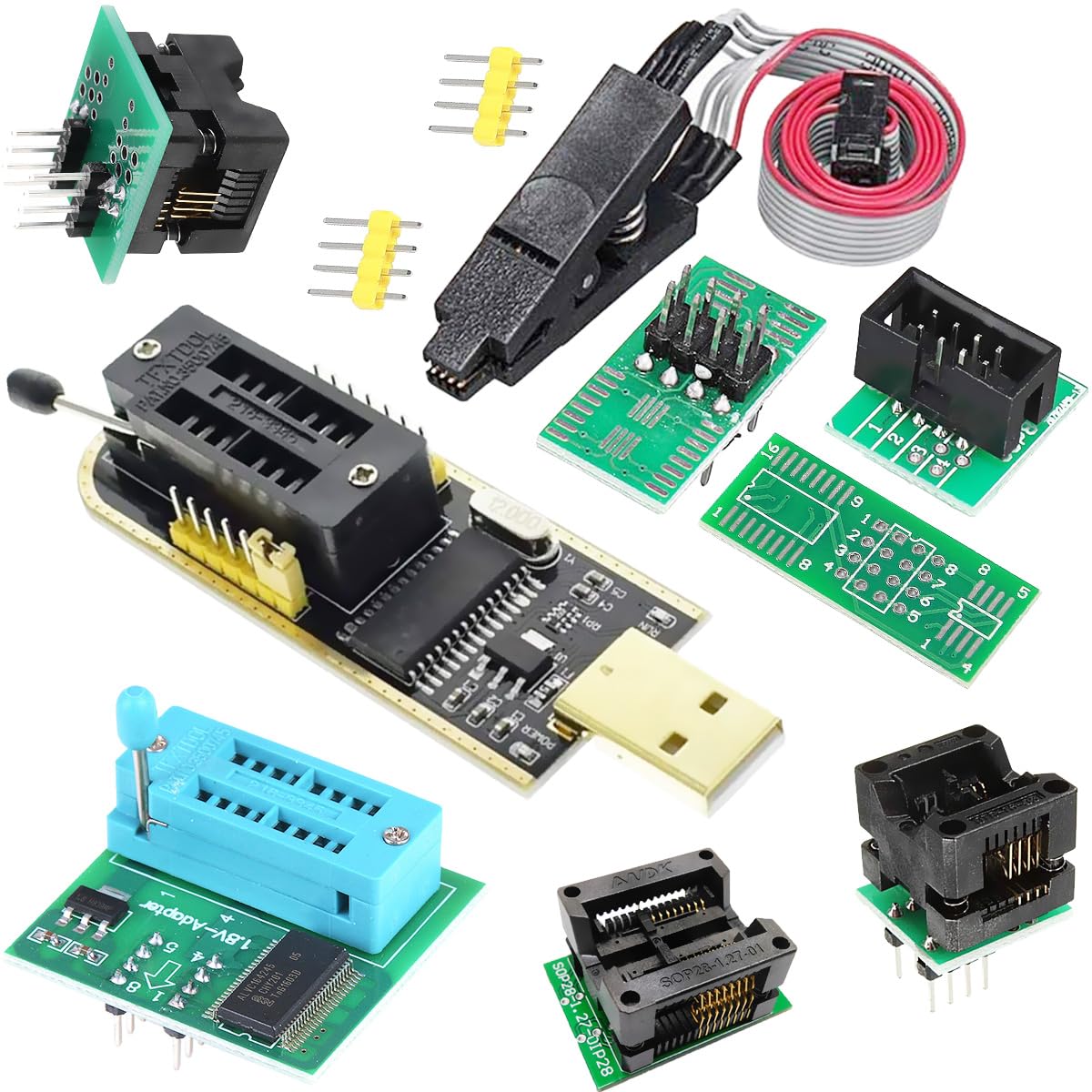 DAOKAI USB Programmer CH341A SOP8 SOIC8 Testclip 1,8 V Adapterplatine SOP8 150 mil 200 mil SOP16 300 mil 24 25 Serie Programmierchips Testsockel-Kit 9-teiliges Set Angebot bei HelloDeals