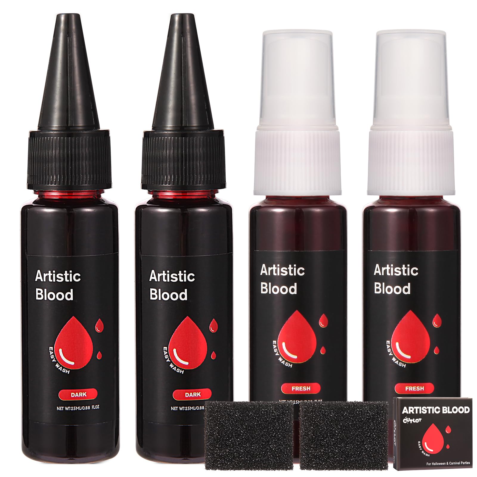 Halloween 100ml Kunstblut Set, 2x25ml Fake Blood Spray, 2x25ml Fake Blood Tropfendes, 2 Schwamm, Kunstblut Auswaschbar für Kleidung und Haut, Kunst Blut für Halloween, Karneval, Simulierte Wunden Rot Angebot bei HelloDeals