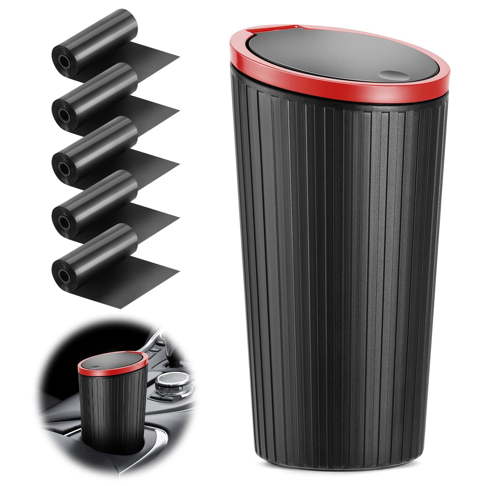 Auto Mülleimer, Auto Mülleimer mit Deckel, Tragbare Mülleim er auto mit 5 Rollen Müllsäcke, Müllbeutel, Praktischer Mini Mülleime r für Aut os, Zuhause, Büro, Schlafzimmer (Rot) Angebot bei HelloDeals