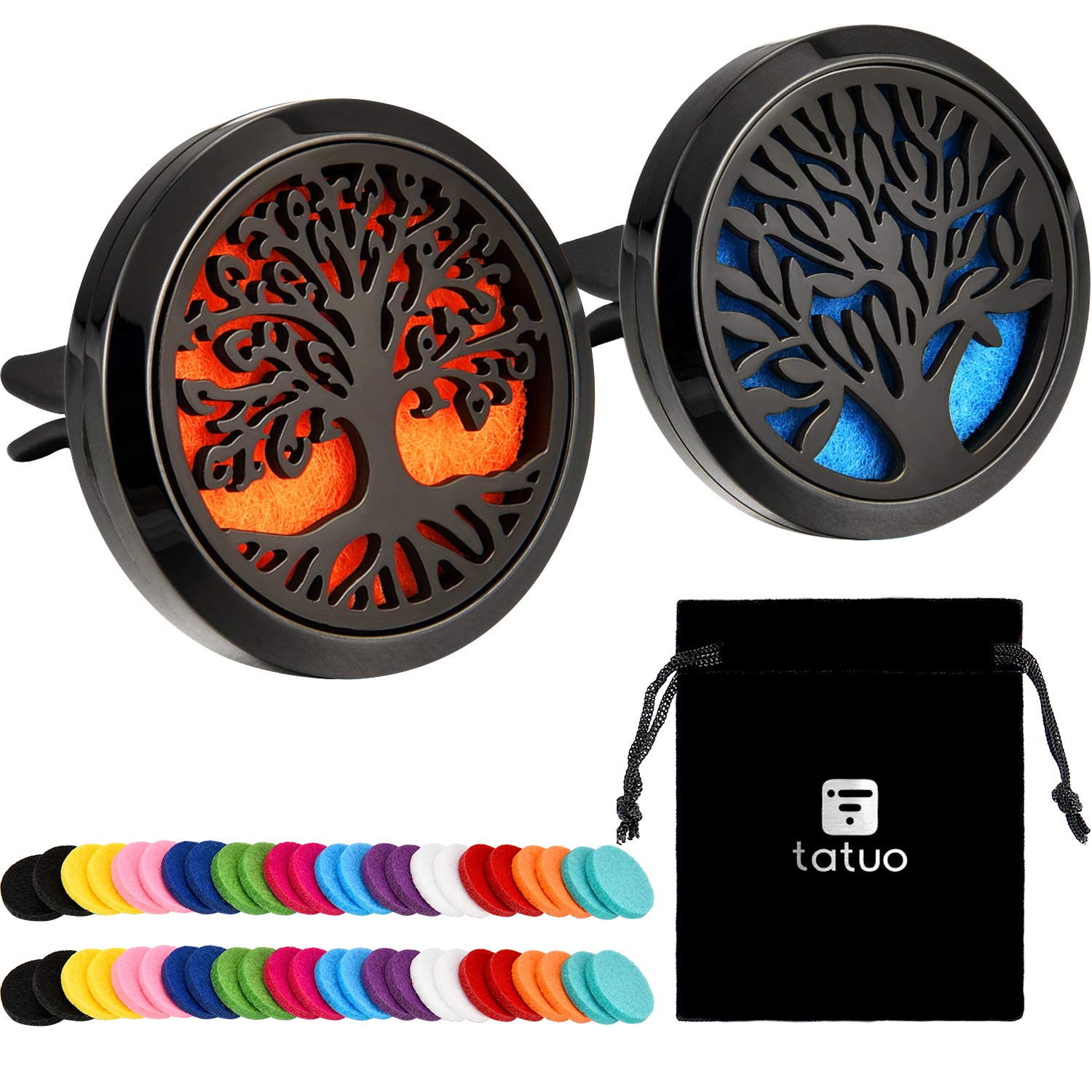 Tatuo 2 Stücke 316L Edelstahl Auto Aromatherapie Ätherisches Öl Diffusor Lufterfrischer Entlüftungs Clip Medaillon mit 48 Stücke Ersatz Filz Pad (Baummuster-Schwarz) Angebot bei HelloDeals