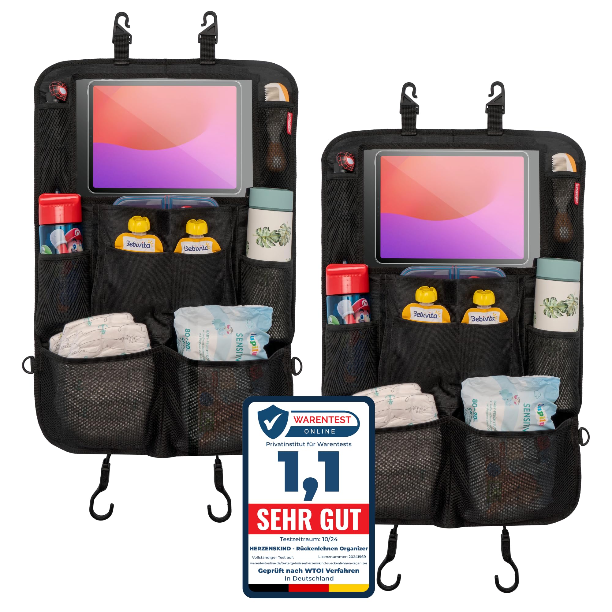HerzensKind Rückenlehnenschutz und Organizer. Auto Organizer mit extra großem 13" Tabletfach und 9 Taschen. Sitzschoner mit Tablethalter für Autofahrten mit Kindern.(2 Stück) Schwarz 2-stück Angebot bei HelloDeals