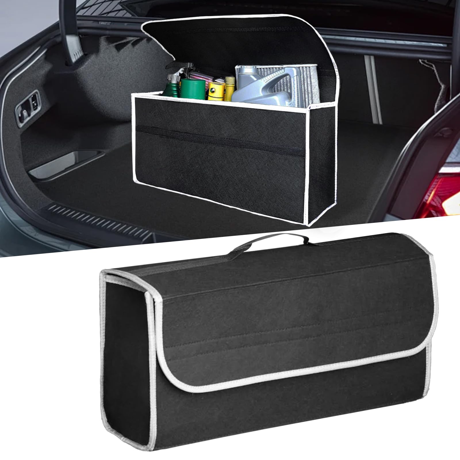 Auto Kofferraum Organizer, Faltbar Kofferraumtasche mit Klettbändern, Rutschfest Filz Auto Organizer Kofferraum, Auto box Kofferraum Toolbag Auto Zubehör - Geeignet für alle Fahrzeuge (Schwarz, Groß) Schwarz Groß Angebot bei HelloDeals