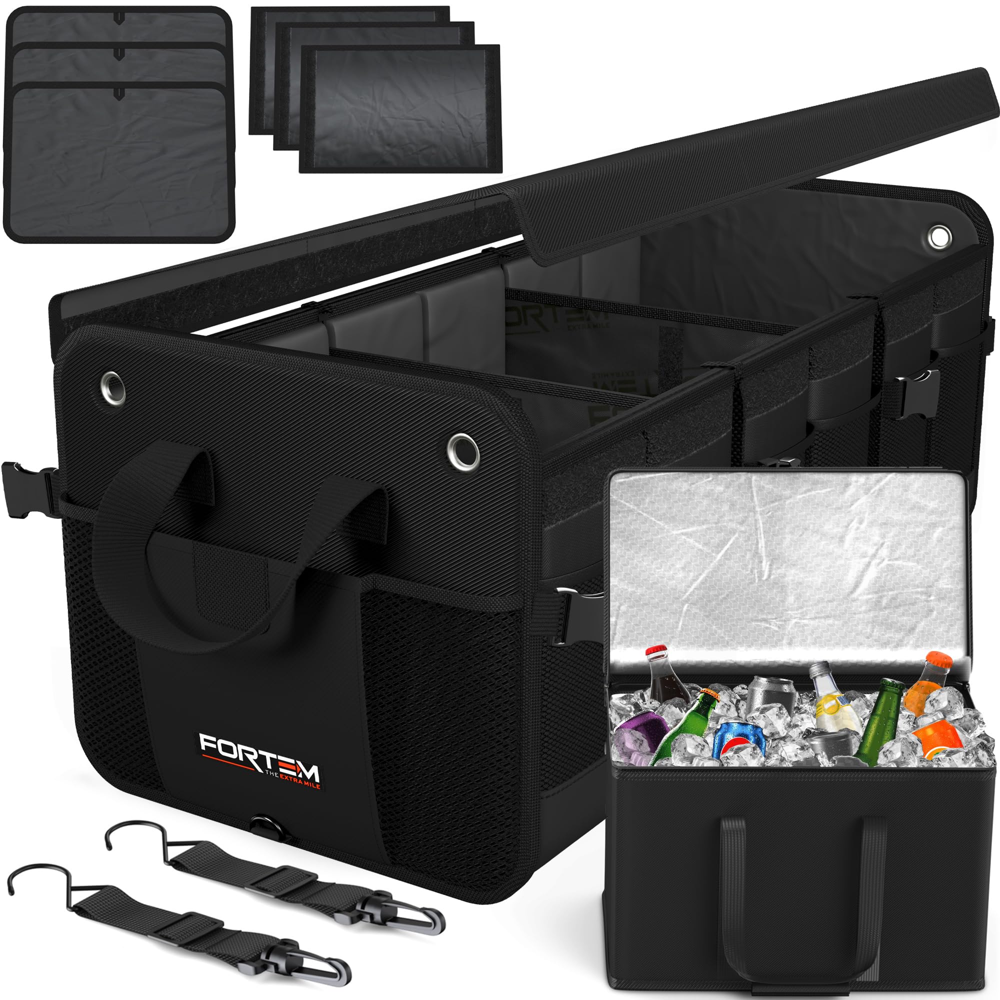 FORTEM Kofferraum Organizer, Kofferraumtasche, Zusammenklappbarer Auto Organizer Kofferraum mit Fächern, Rutschfester Boden, Verstellbare Sicherungsriemen, Klappbarer Deckel (Extragroß mit Kühler) Extragroß mit Kühler Schwarz Angebot bei HelloDeals