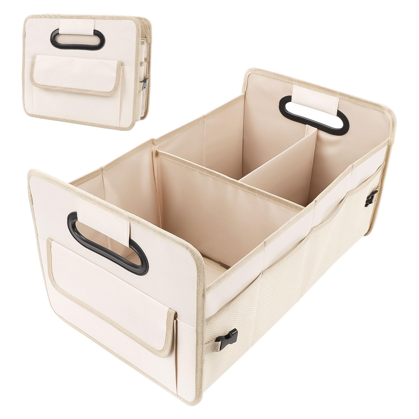 Auto Organizer Kofferraum, Kofferraumtasche mit Fächern, Autobox Kofferraum Faltbar mit Griff, Auto Aufbewahrung Organizer Kofferraum für Camping, Einkaufenf (Beige) Angebot bei HelloDeals