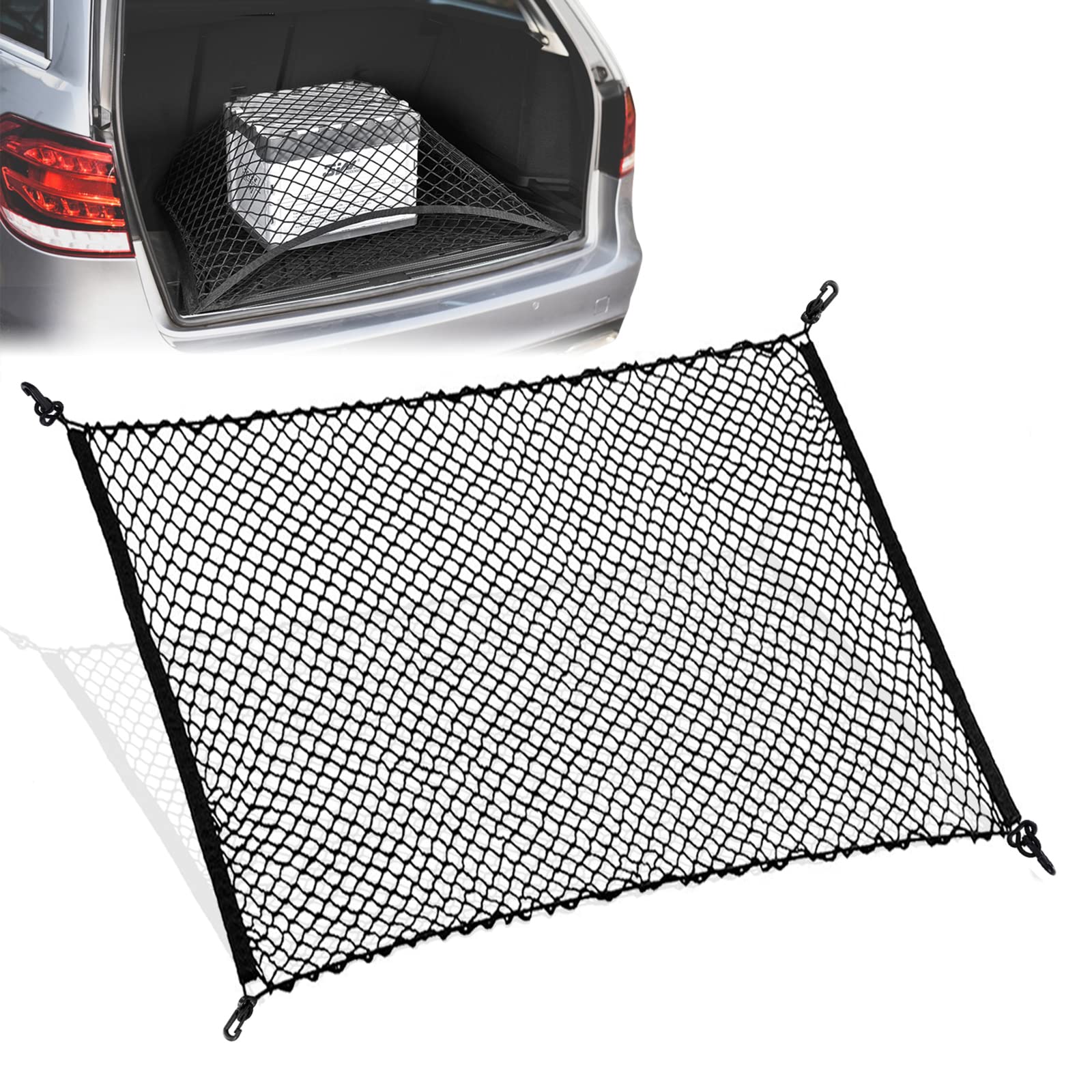 Gepäcknetz Auto,Kofferraum Netz mit 4 Haken,90 * 105 cm Kofferraumnetz Auto,Organizer Netz kann auf 140cm*140cm Erweitert Werden Schwarz Angebot bei HelloDeals